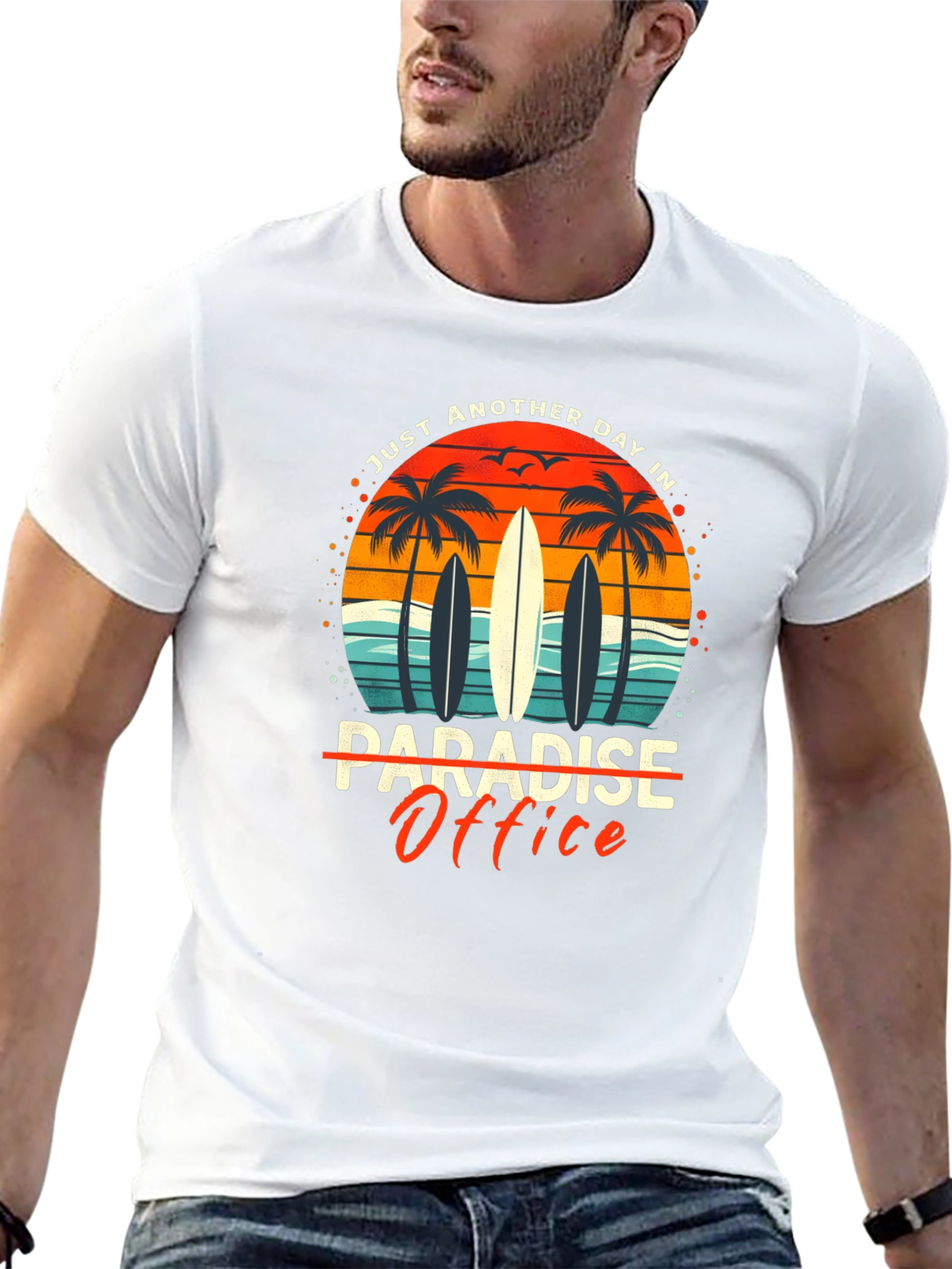 Paradise Office Graphic T-Shirt - Beach Surfboard Design