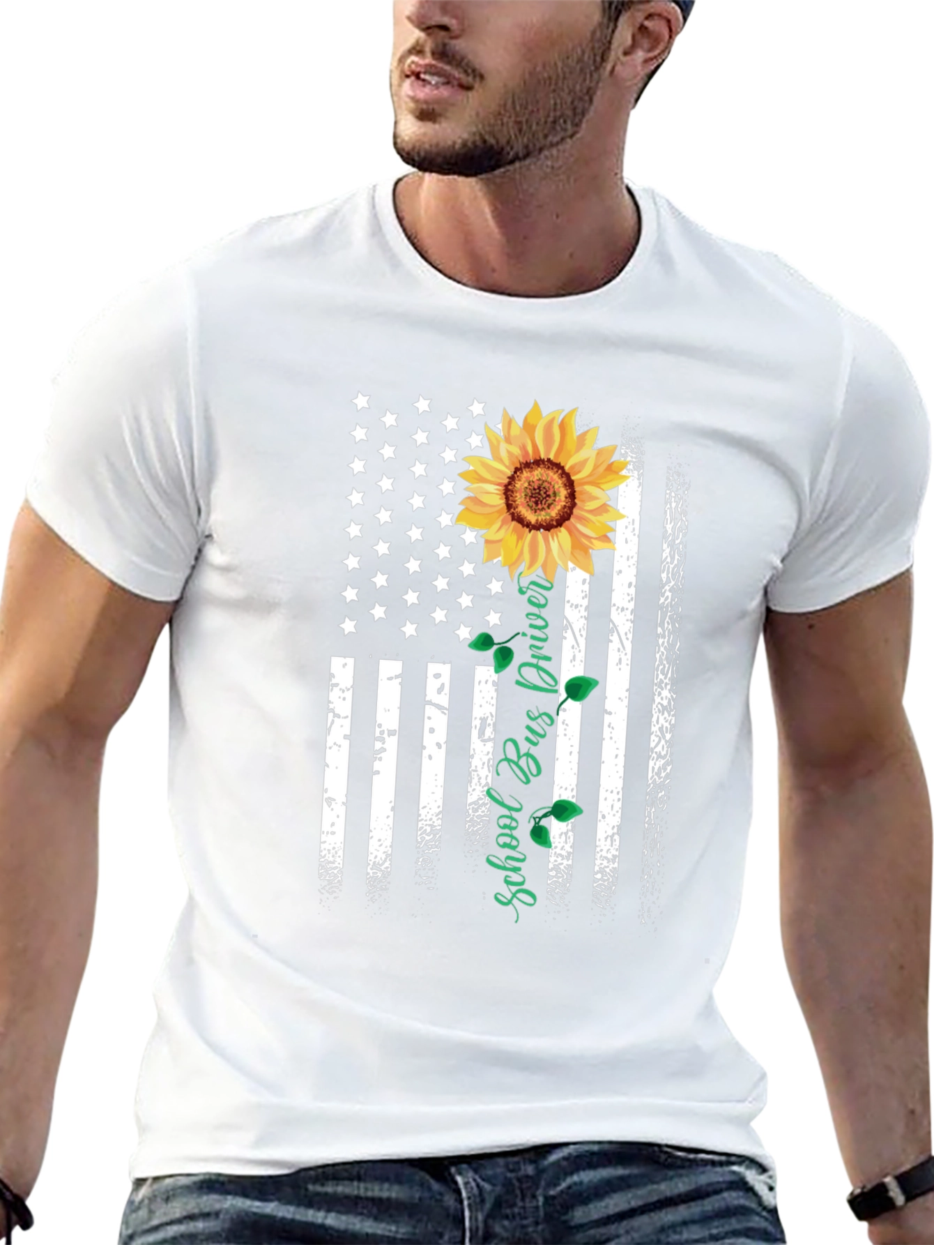 Sunflower American Flag School Bus Driver T-Shirt