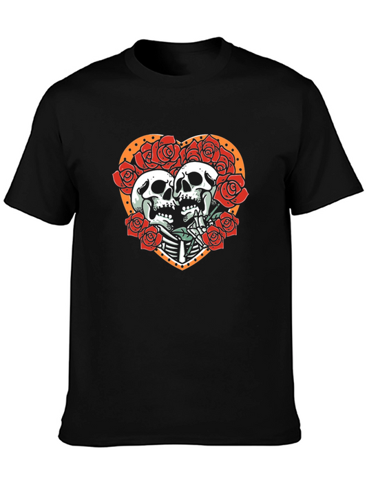 Skull & Roses Graphic Tee - Romantic Skeleton Couple T-Shirt