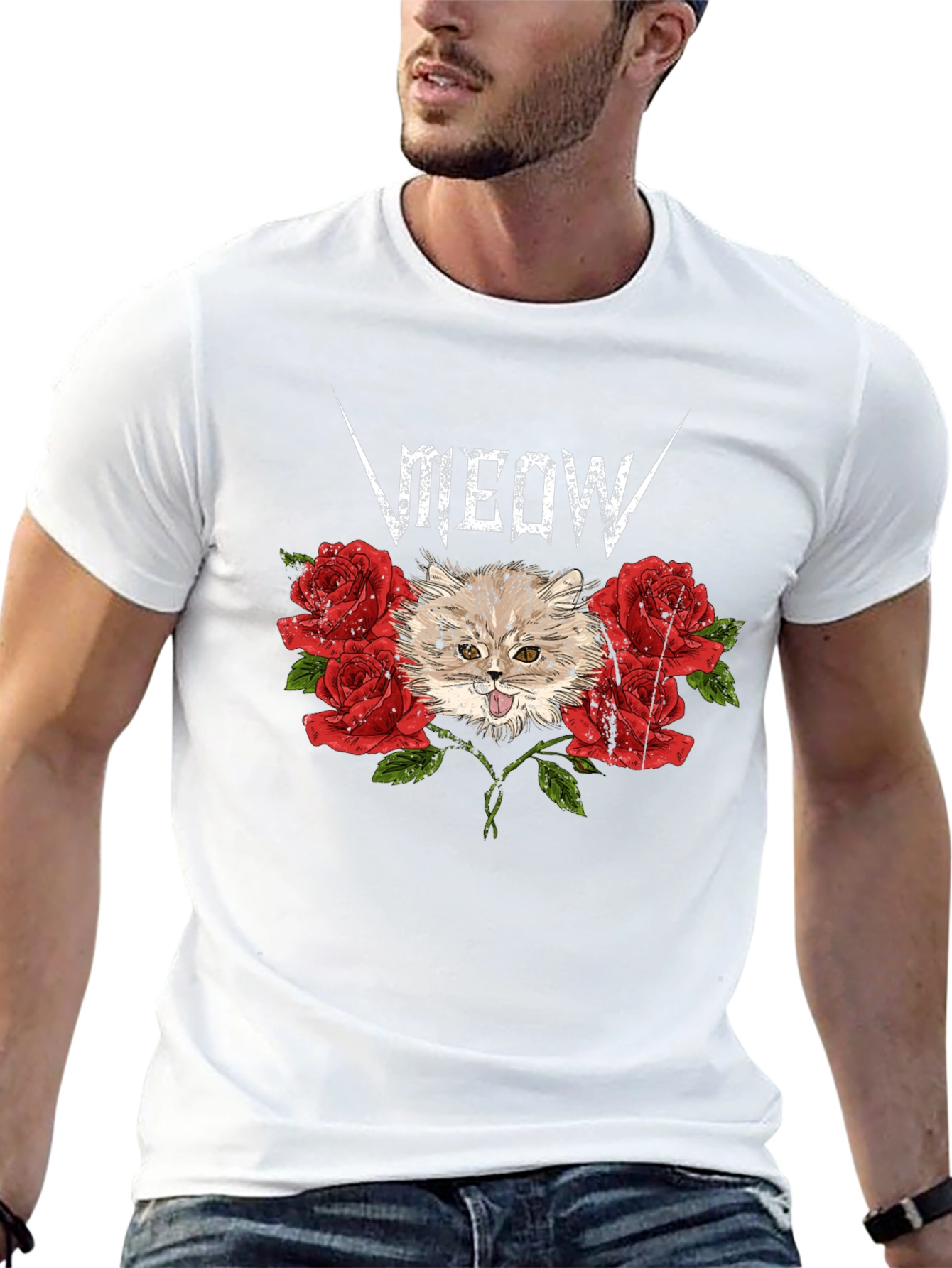 Meow Heavy Metal Cat & Roses Black T-Shirt