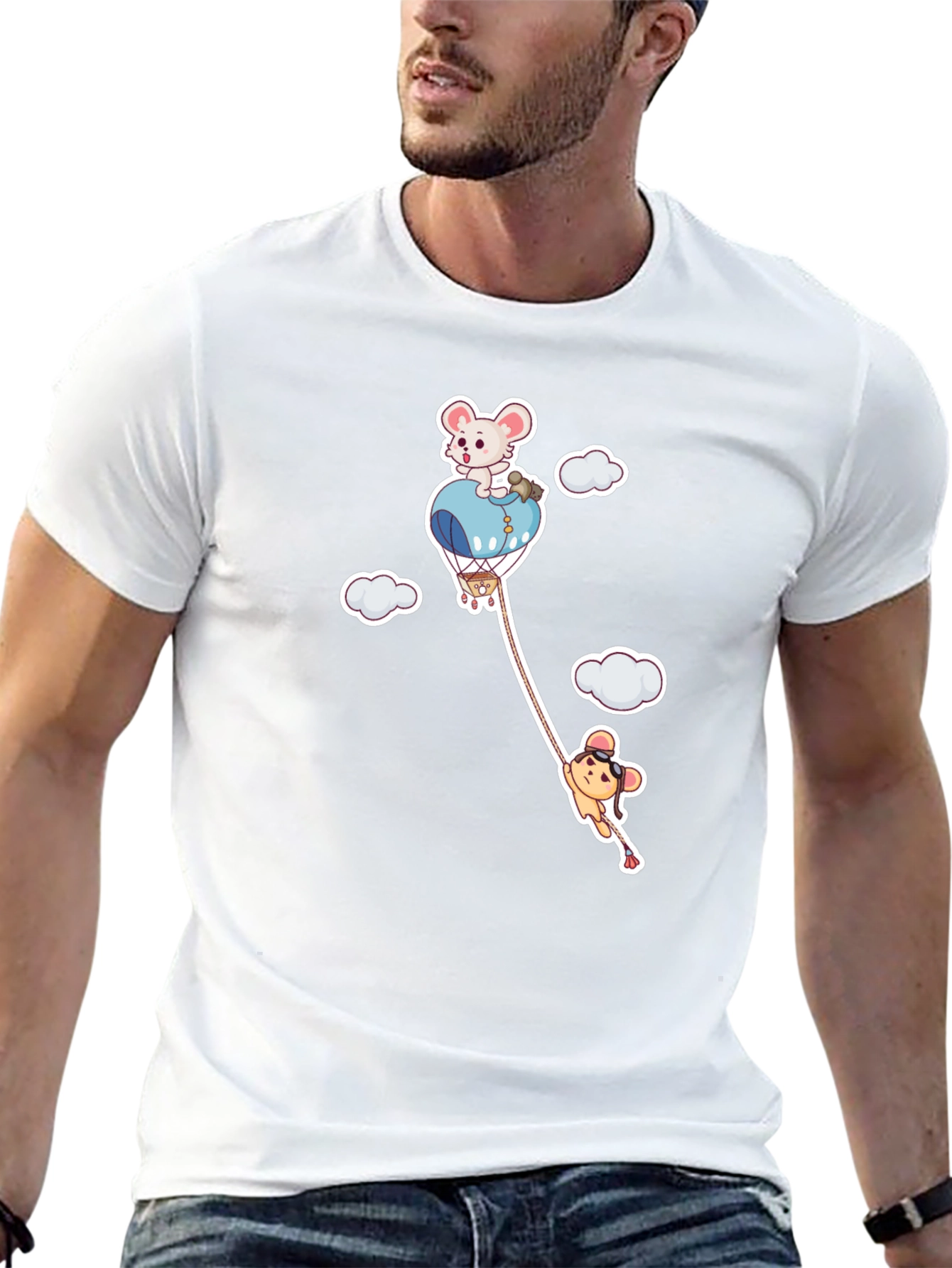 Cartoon Mouse Hot Air Balloon Black T-Shirt