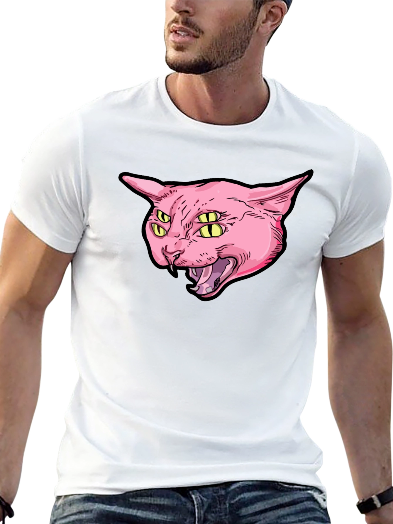 Four-Eyed Cat Graphic Print Black T-Shirt