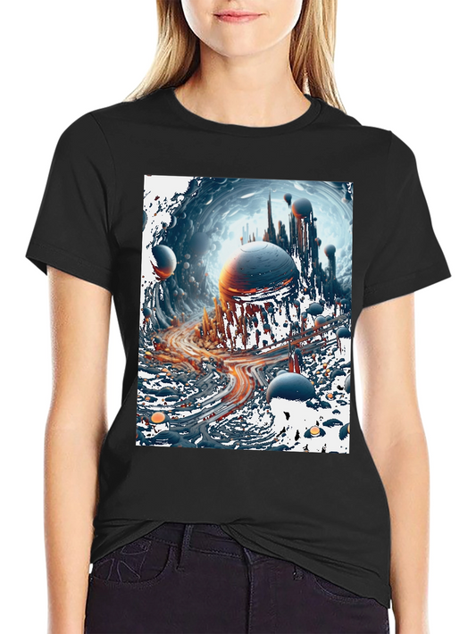 Sci-Fi Cityscape Graphic Tee - Bold Black Cotton T-Shirt