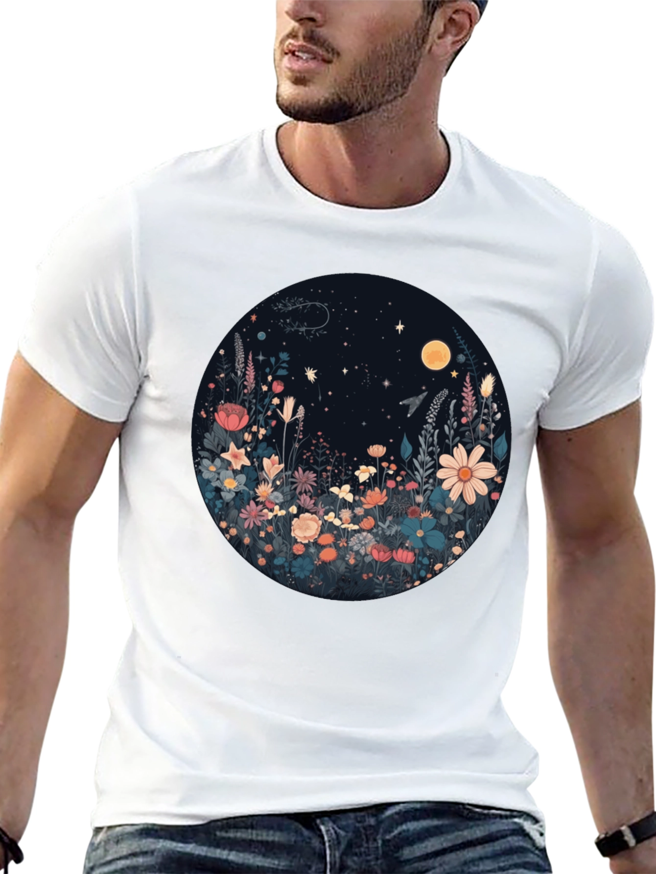 Floral Moon T-Shirt - Black Graphic Tee