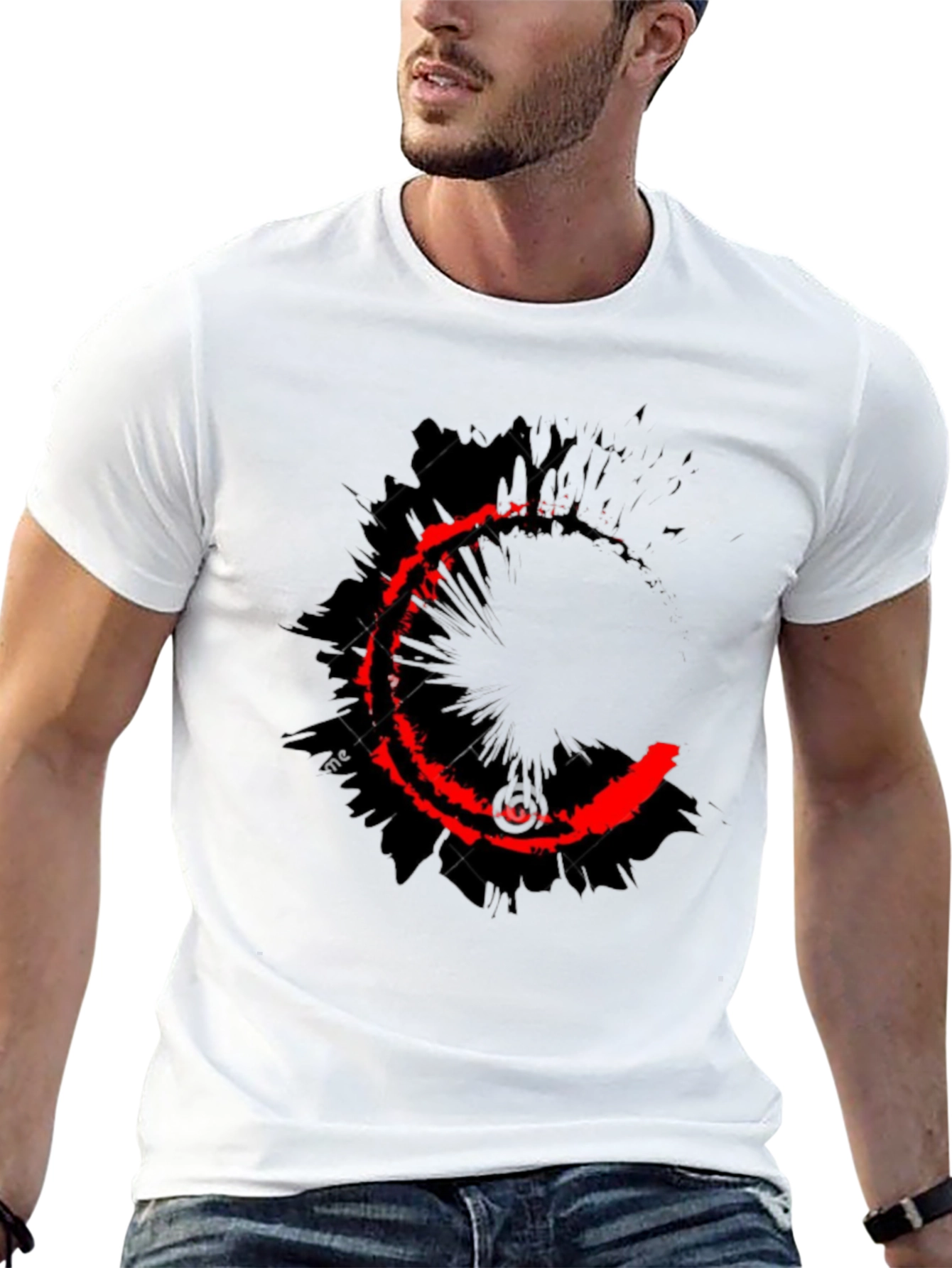Mens Black T-Shirt with Red Crescent Graphic