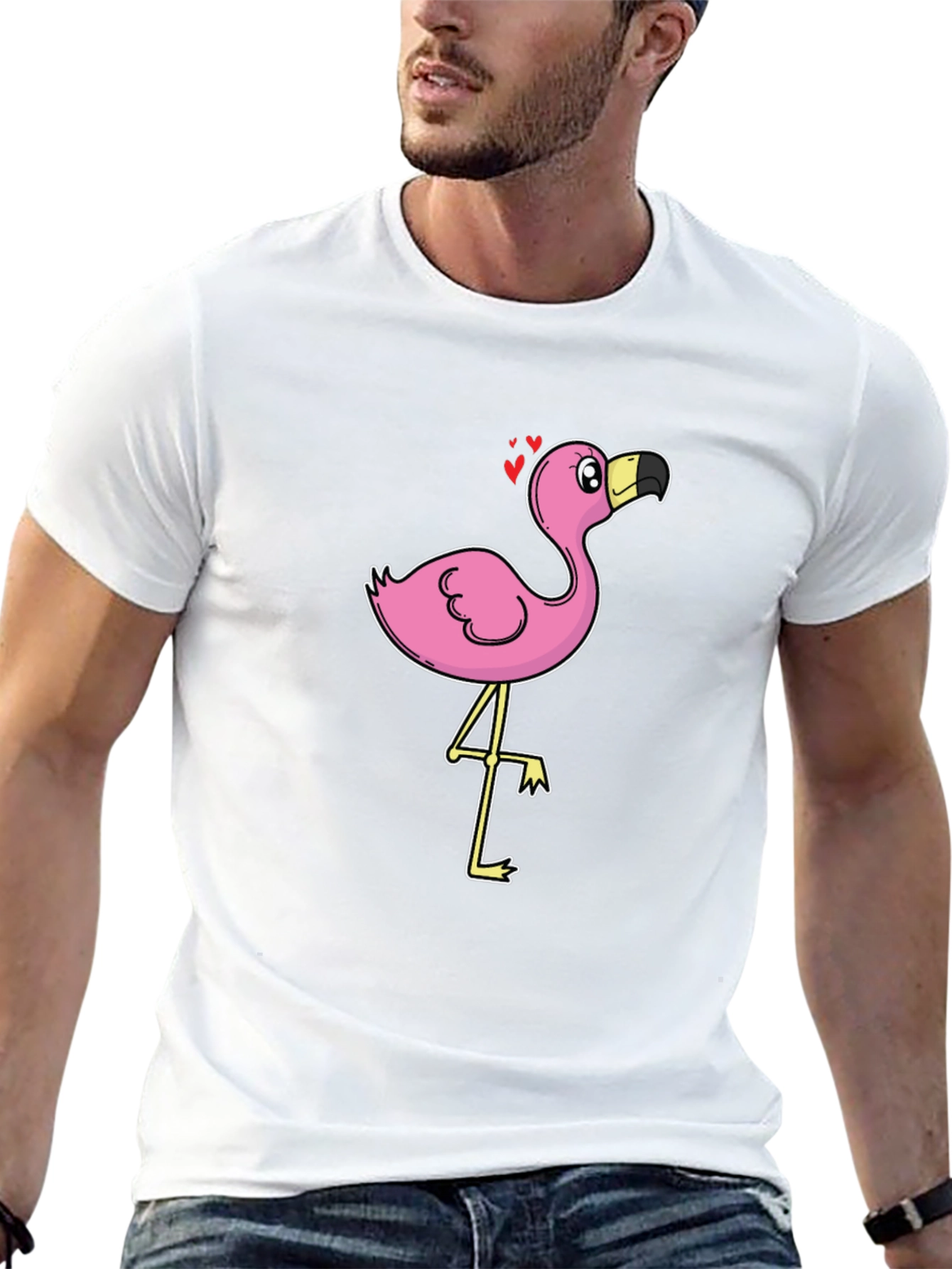 Black T-Shirt with Cartoon Flamingo Design