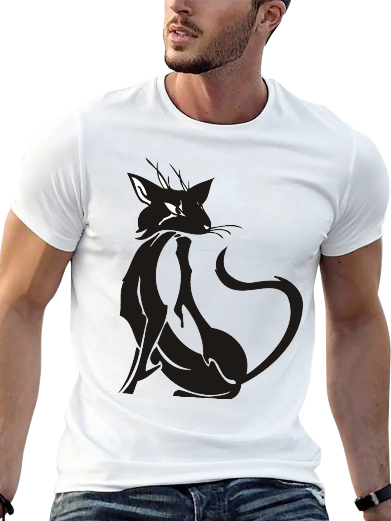 Mens Black T-Shirt with Stylish Cat Graphic
