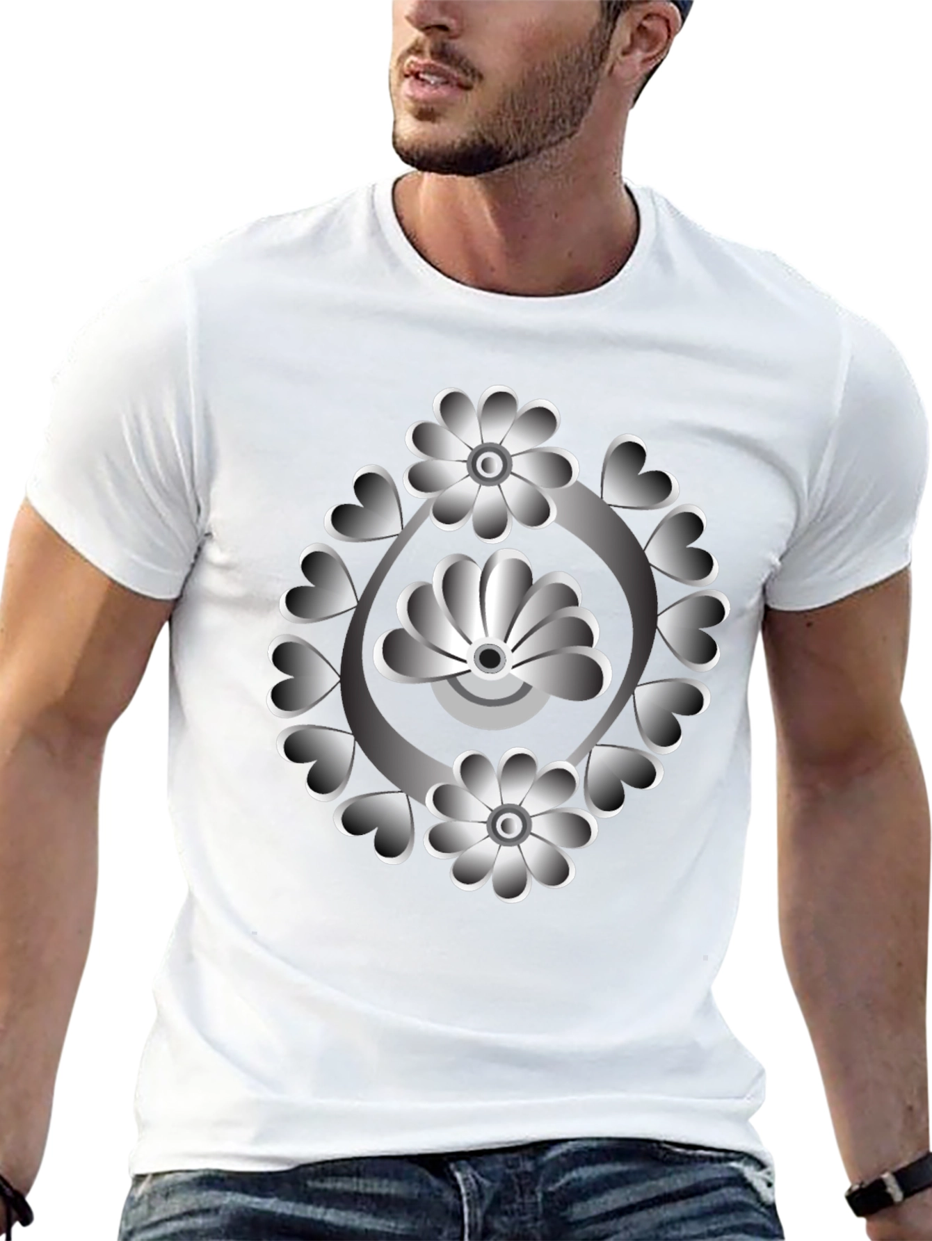 Floral Heart Design Black T-Shirt