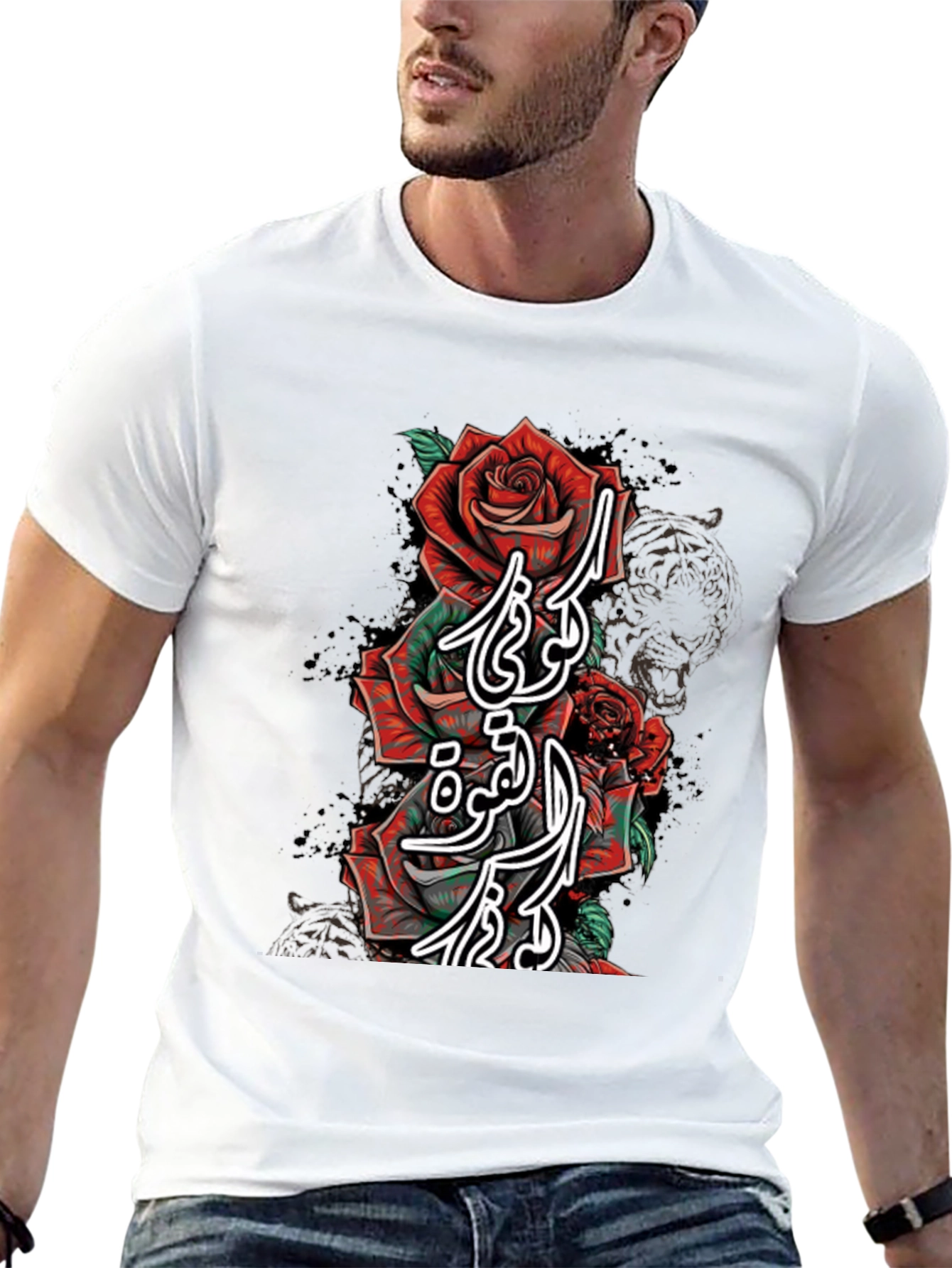Rose Arabic Script Graphic Print T-Shirt