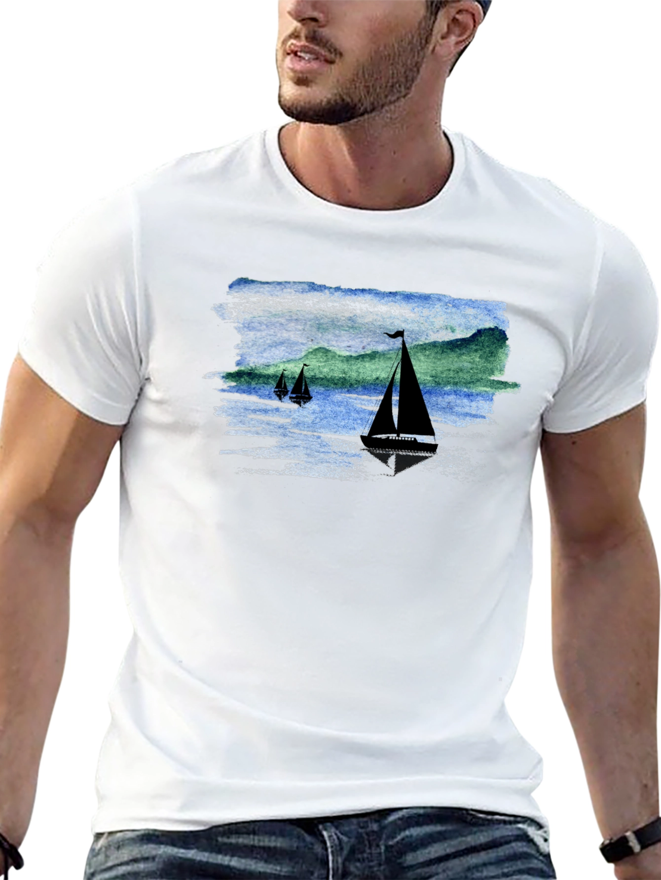 Sailboat Scene Graphic Black T-Shirt