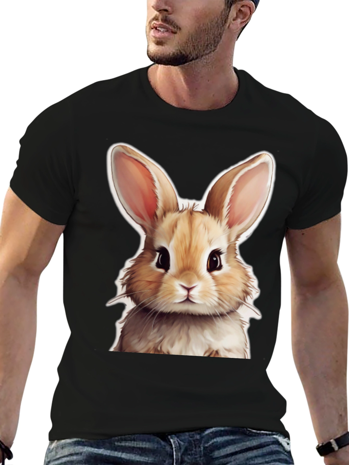 Cute Rabbit Graphic Tee - Black Cotton T-Shirt