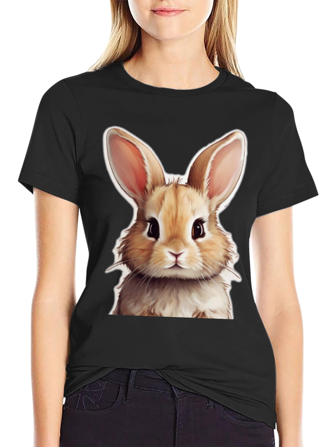 Cute Rabbit Graphic Tee - Black Cotton T-Shirt