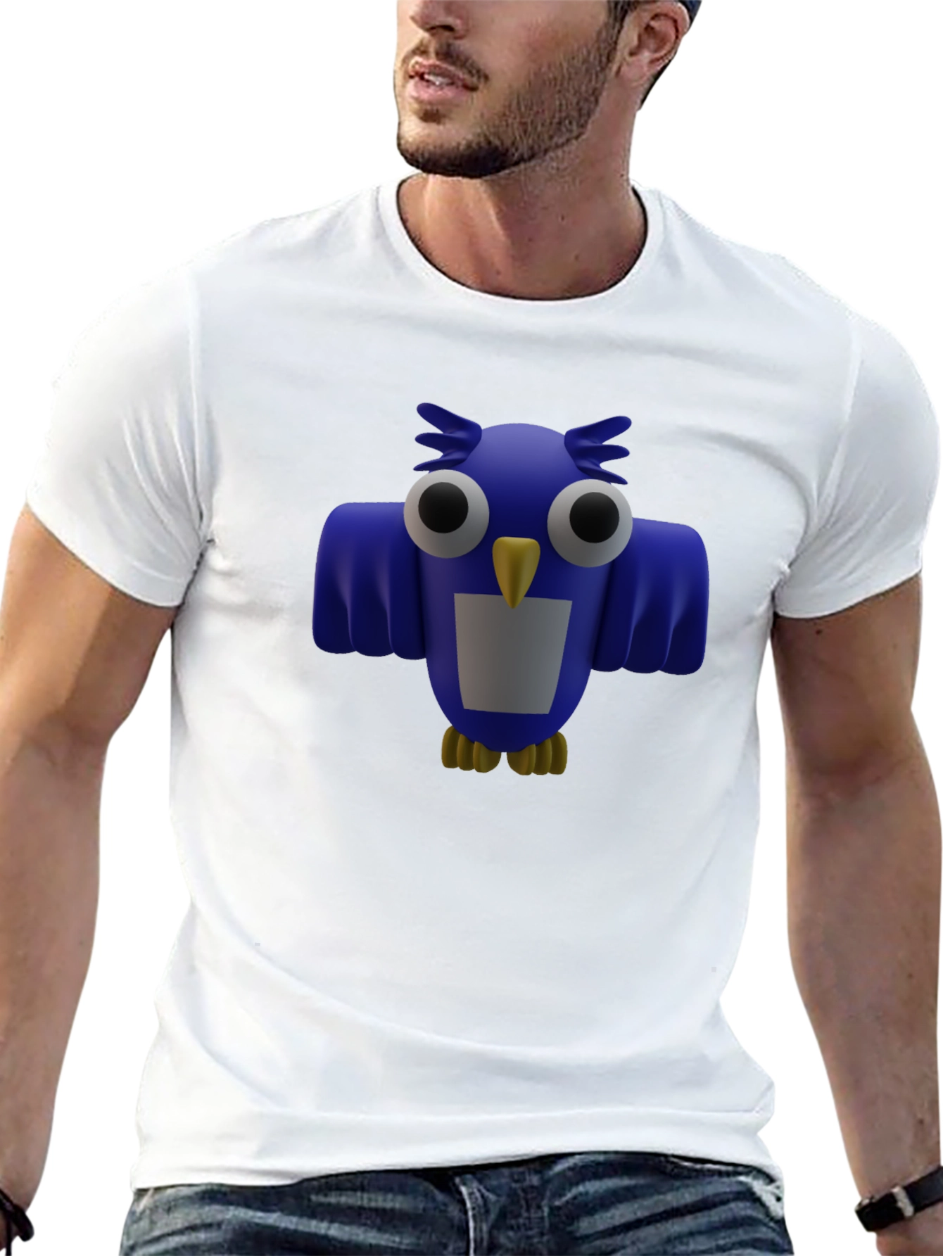 Blue Cartoon Owl Graphic Print Mens Black T-Shirt