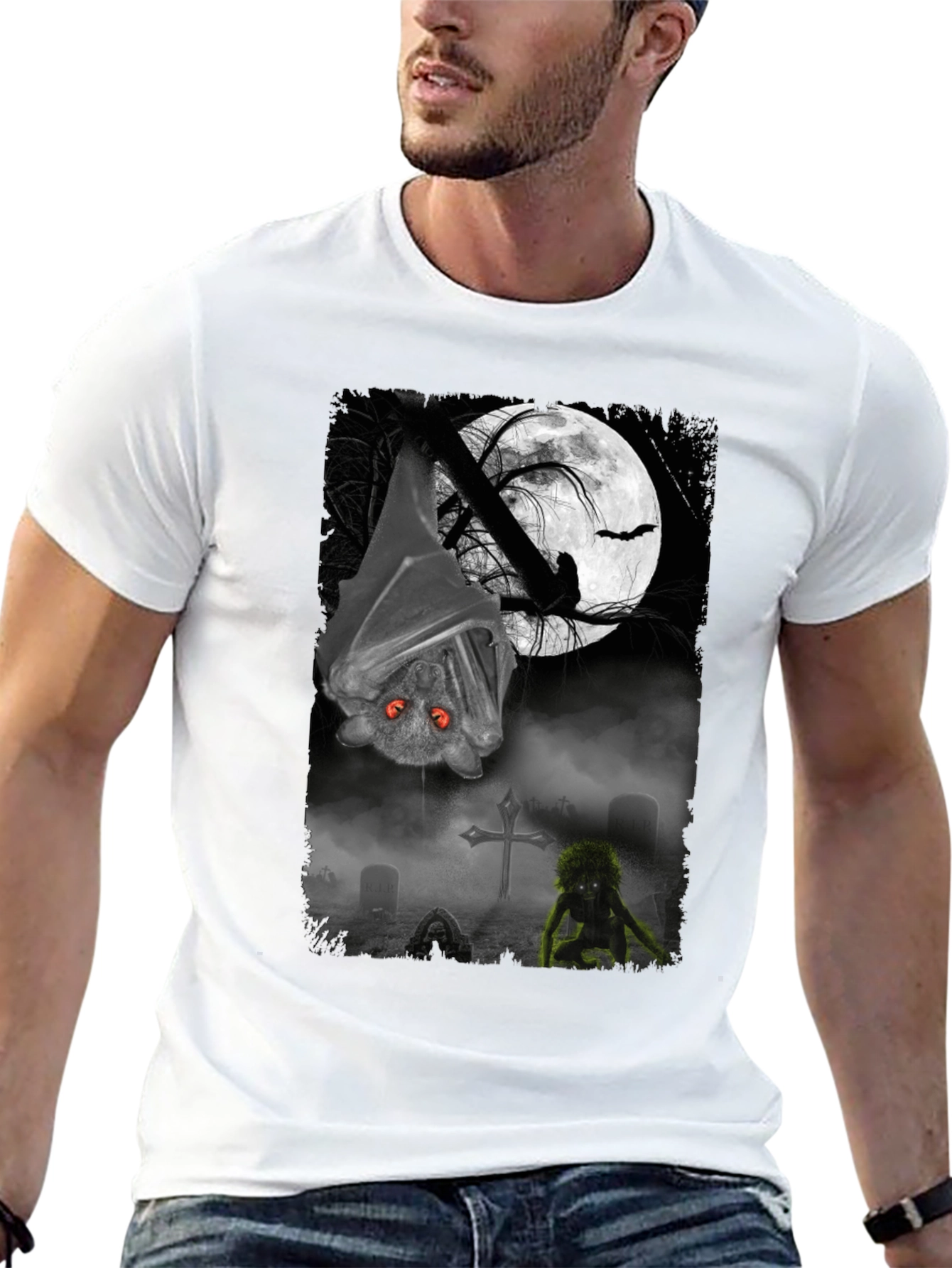 Halloween Bat & Graveyard Graphic T-Shirt