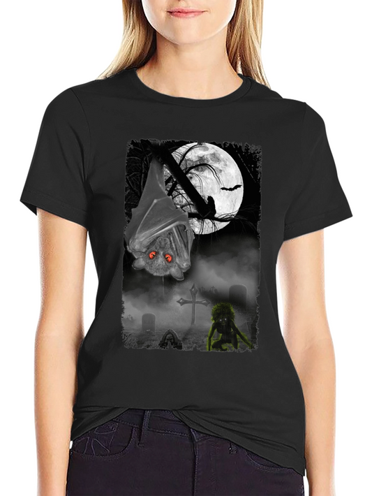 Halloween Bat & Graveyard Graphic T-Shirt