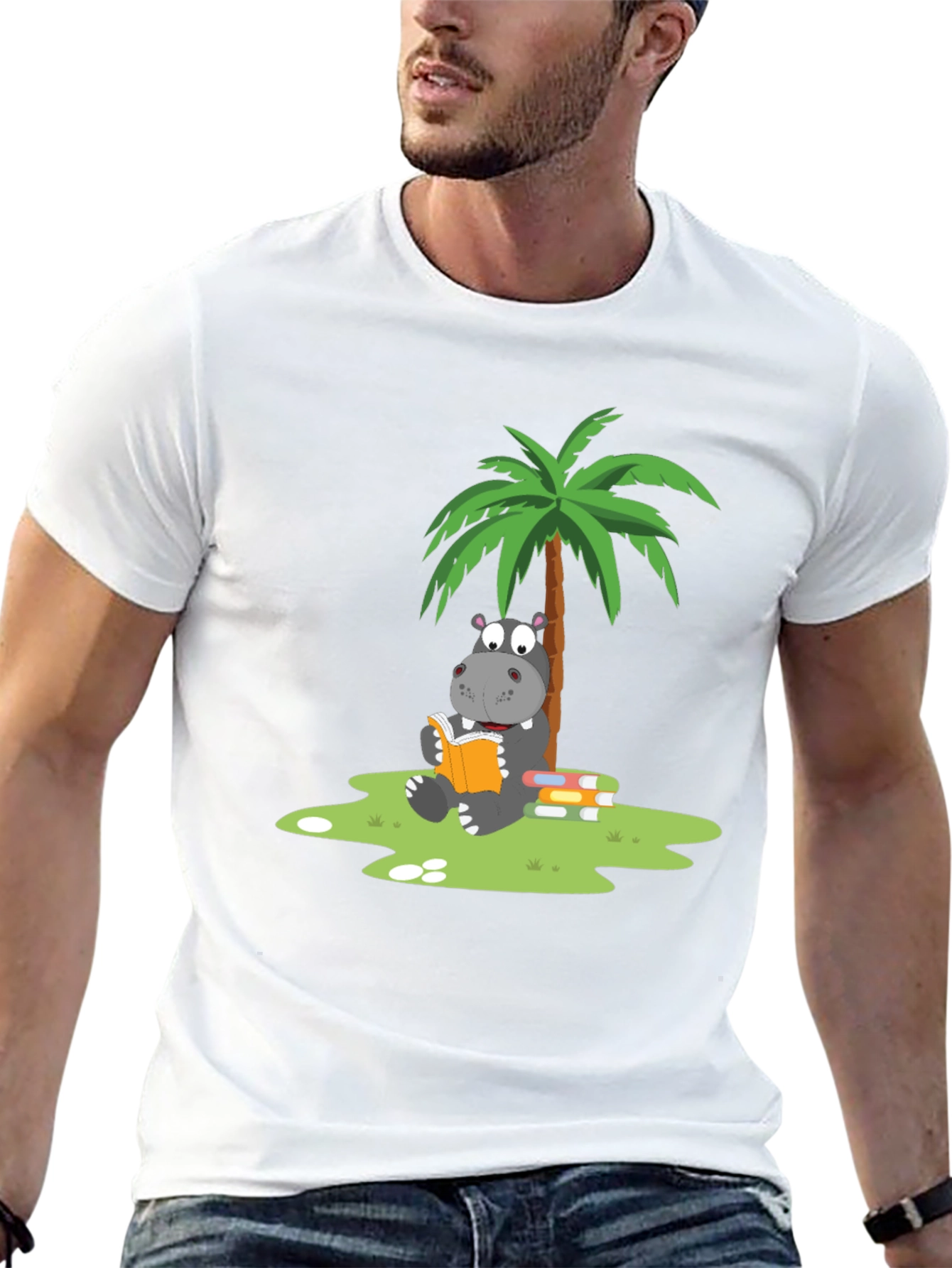Hippo Reading Under Palm Tree Graphic Tee