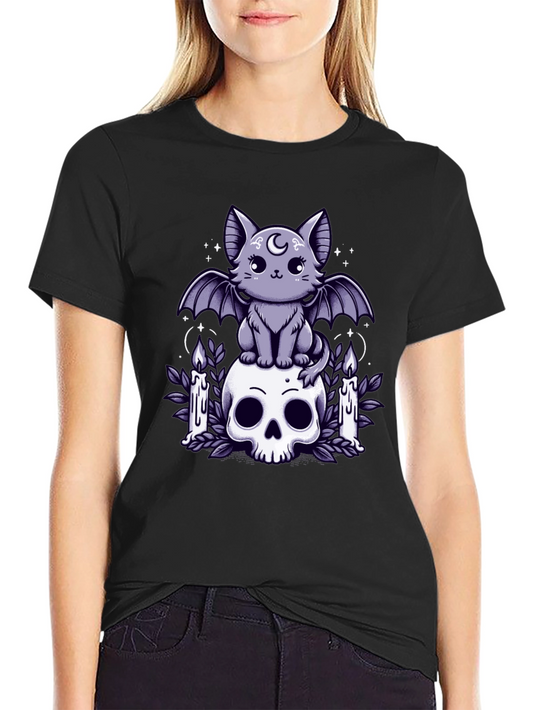 Gothic Bat Cat Skull T-Shirt - Spooky Cute Design