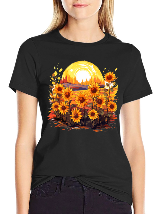 Sunflower Field Graphic Tee - Black Cotton Blend