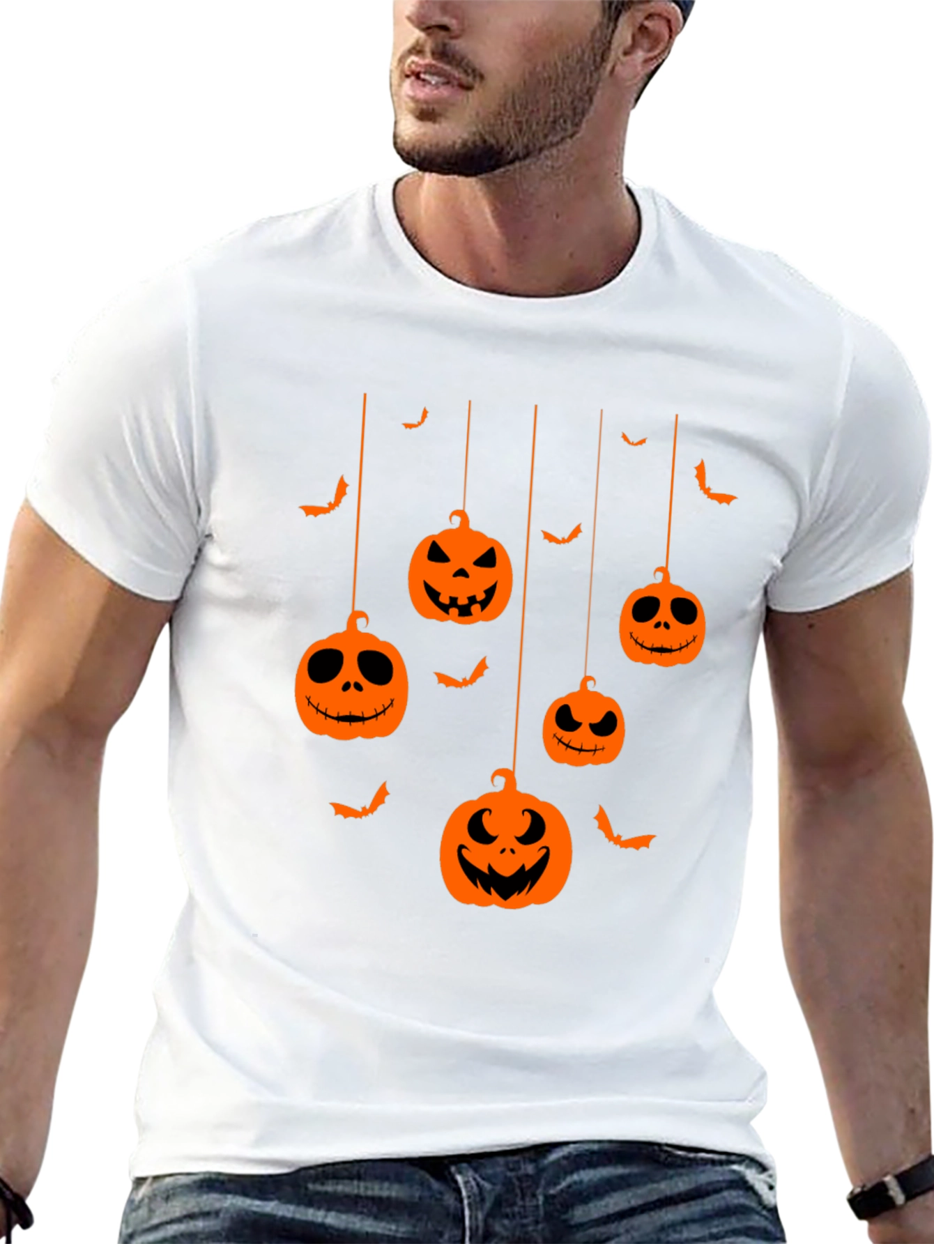 Halloween Pumpkin Bats Graphic Tee - Mens Black T-Shirt