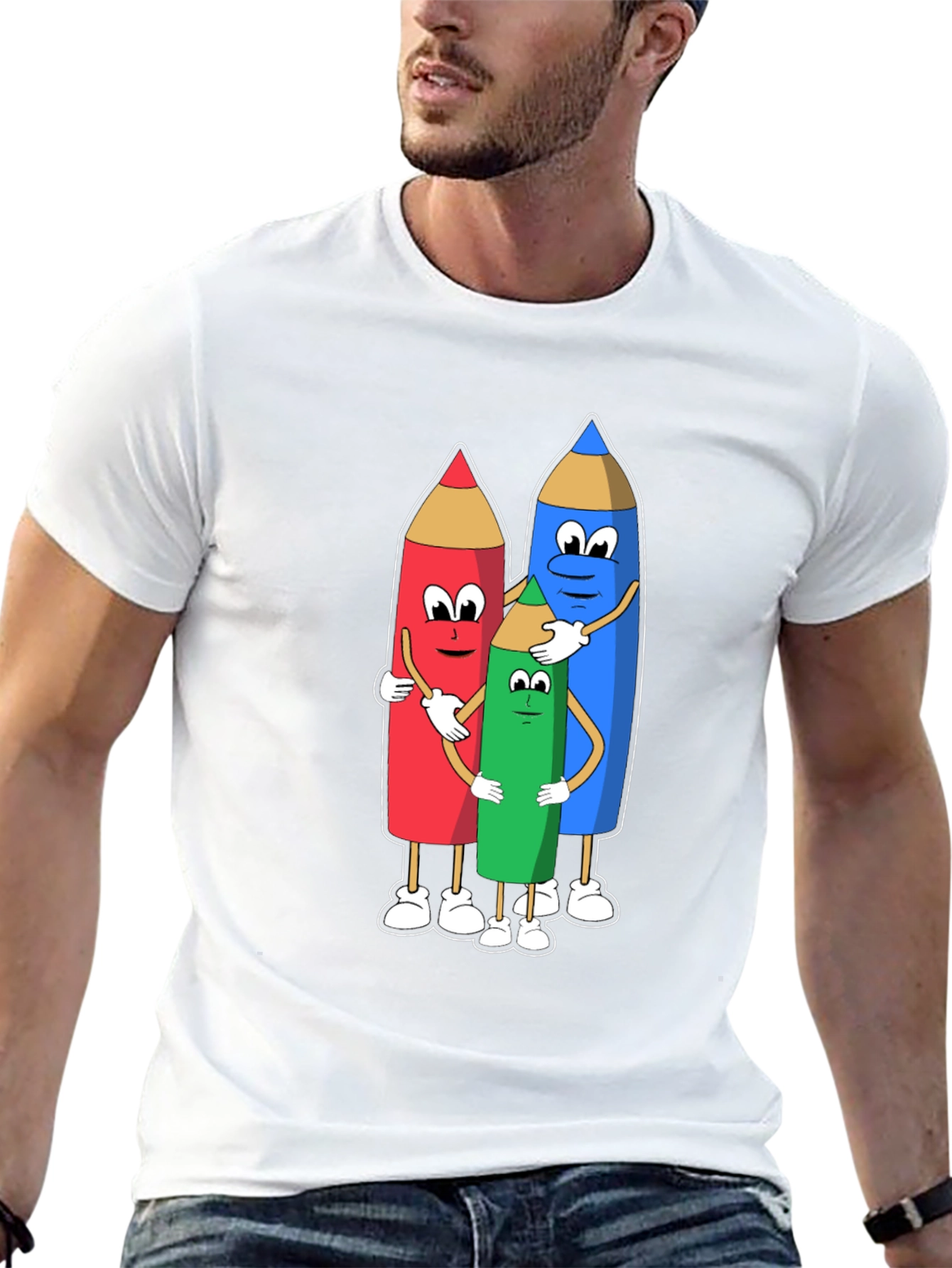 Cartoon Crayon Hug Black T-Shirt