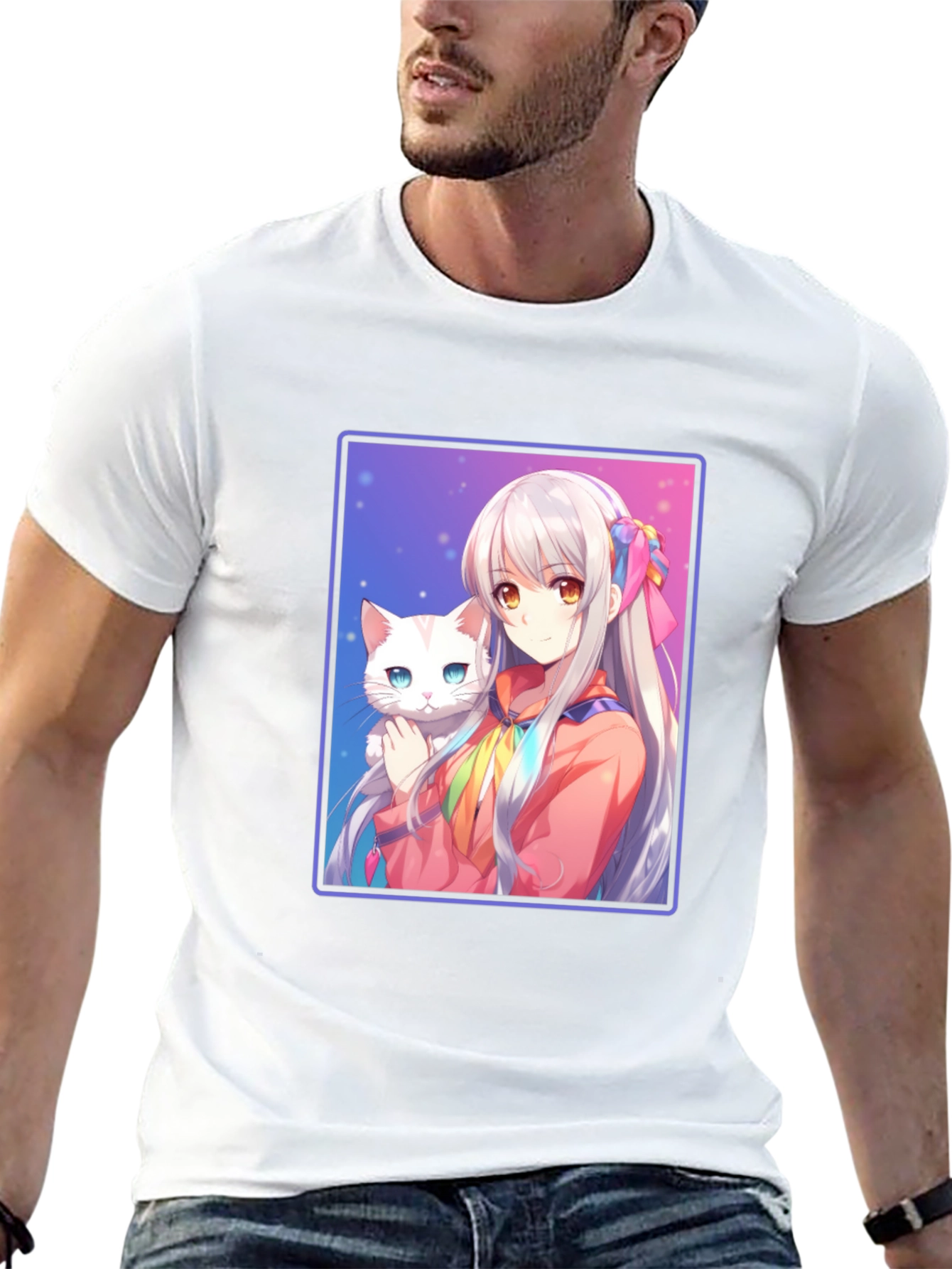 Anime Girl with Cat Graphic T-Shirt