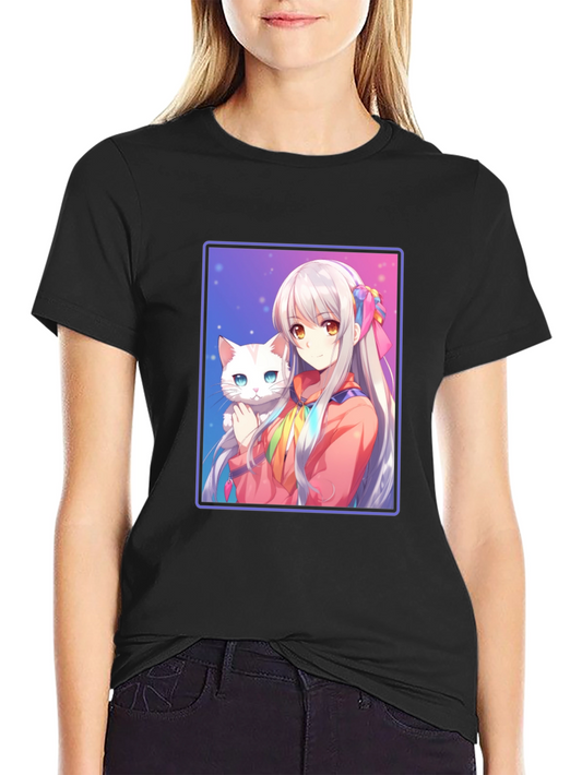 Anime Girl with Cat Graphic T-Shirt