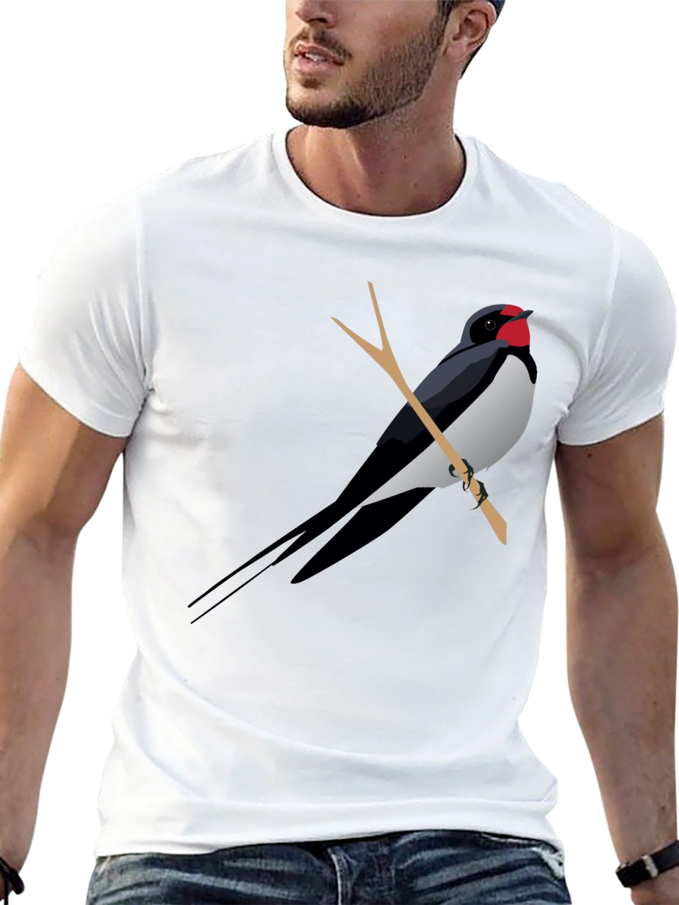 Black T-Shirt with Swallow Bird Graphic