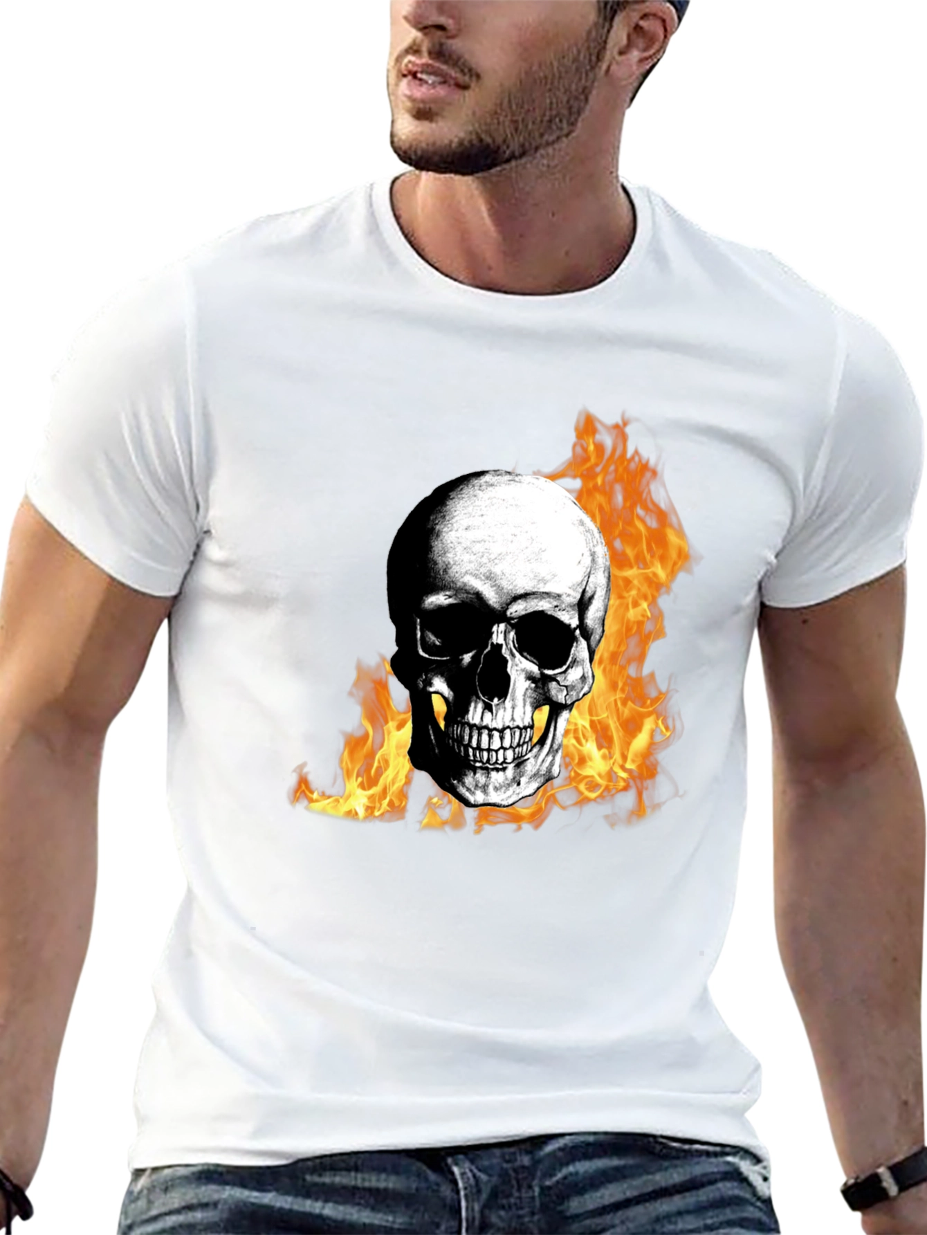 Skull on Fire Graphic Tee - Mens Black T-Shirt