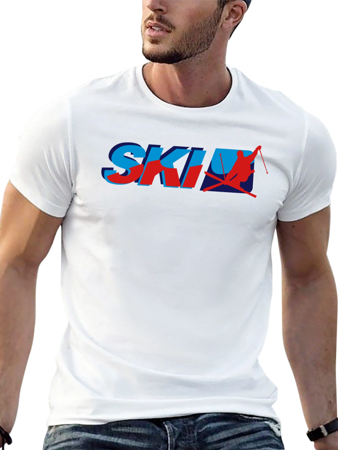 Retro Ski Graphic T-Shirt - Blue and Red Print
