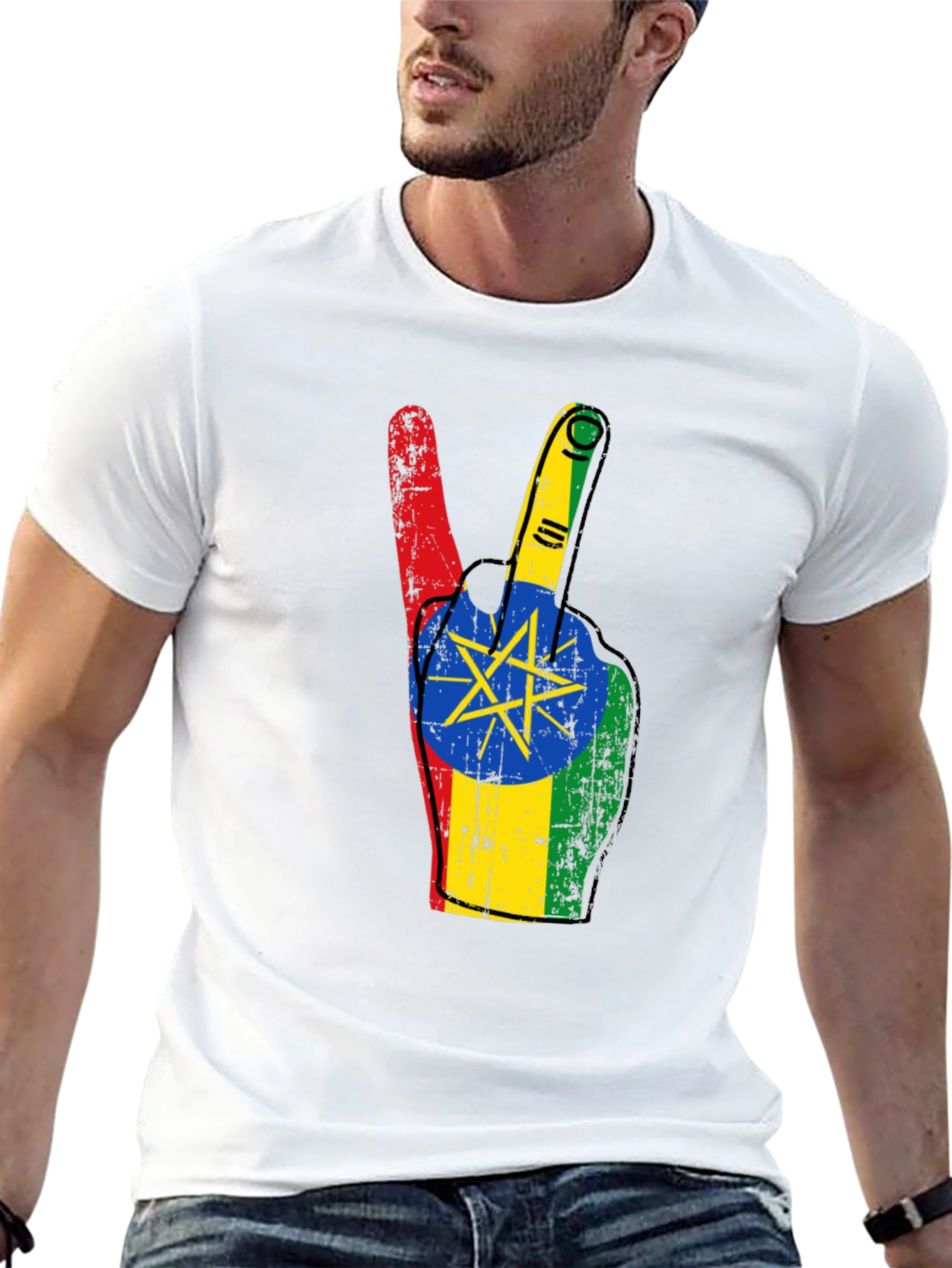 Ethiopian Flag Peace Sign Black T-Shirt