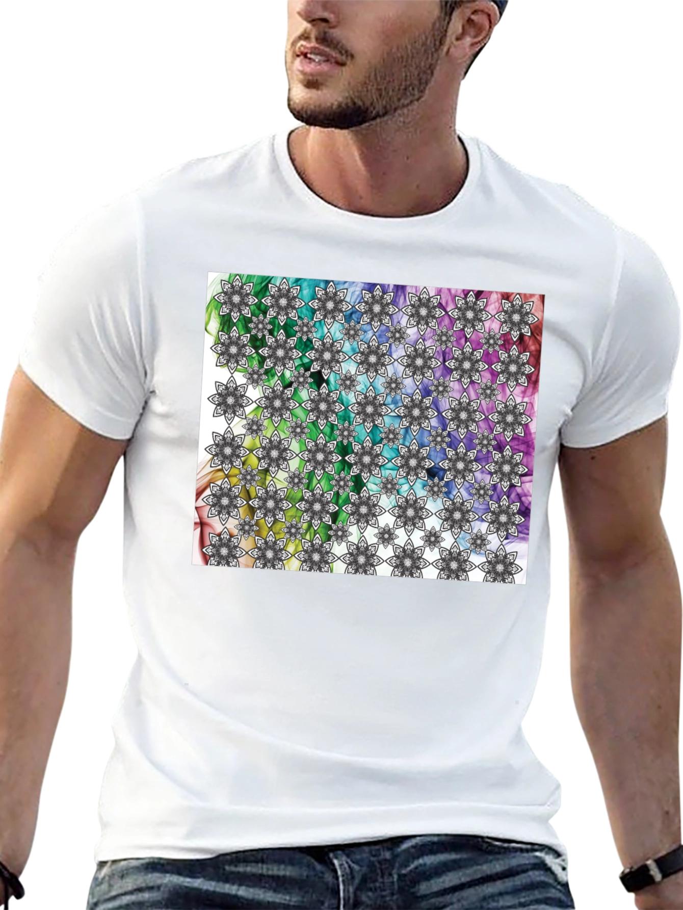 Kaleidoscope Floral Print Mens Black T-Shirt