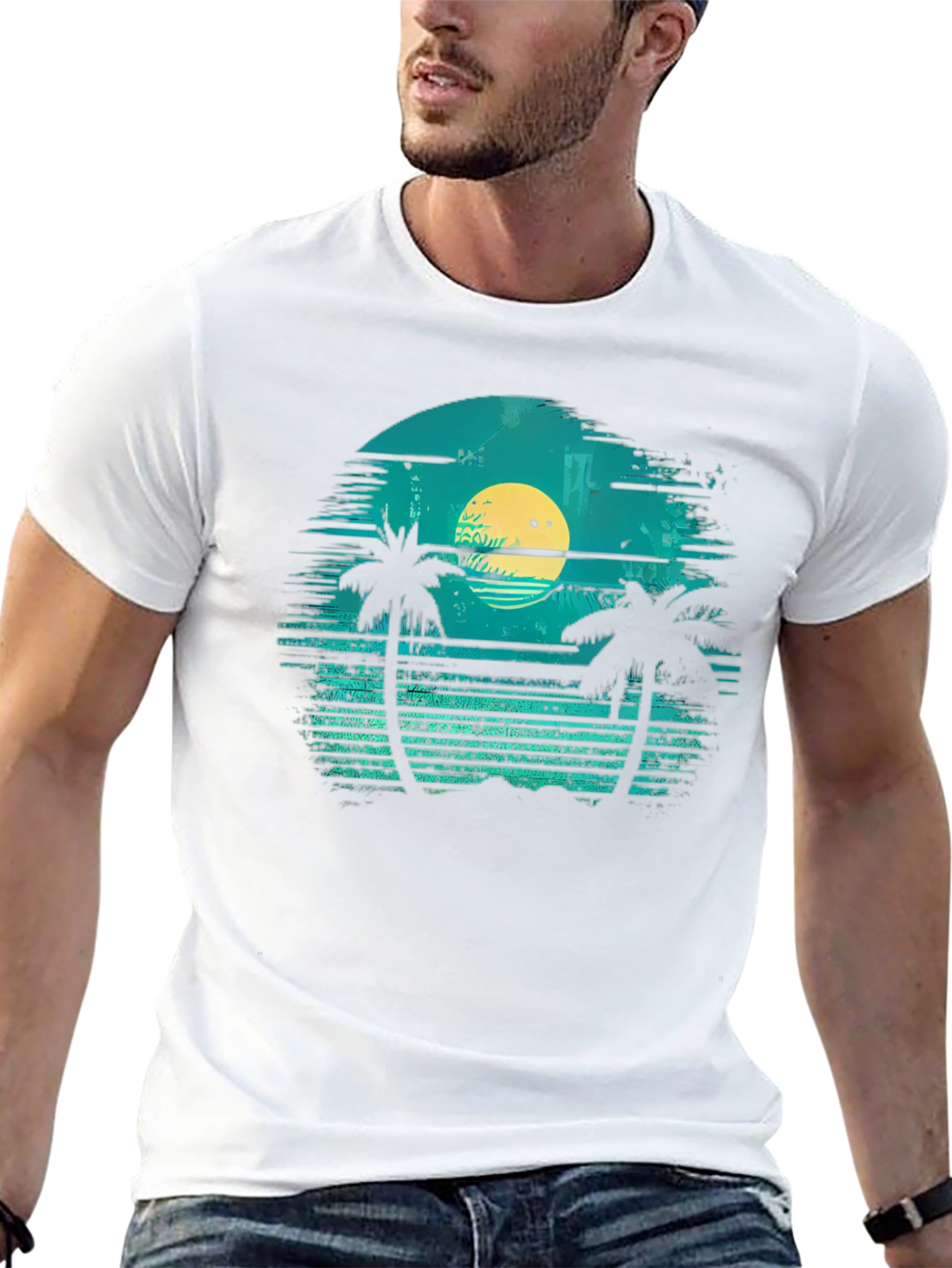 Retro Sunset Palm Tee - Tropical Vibes
