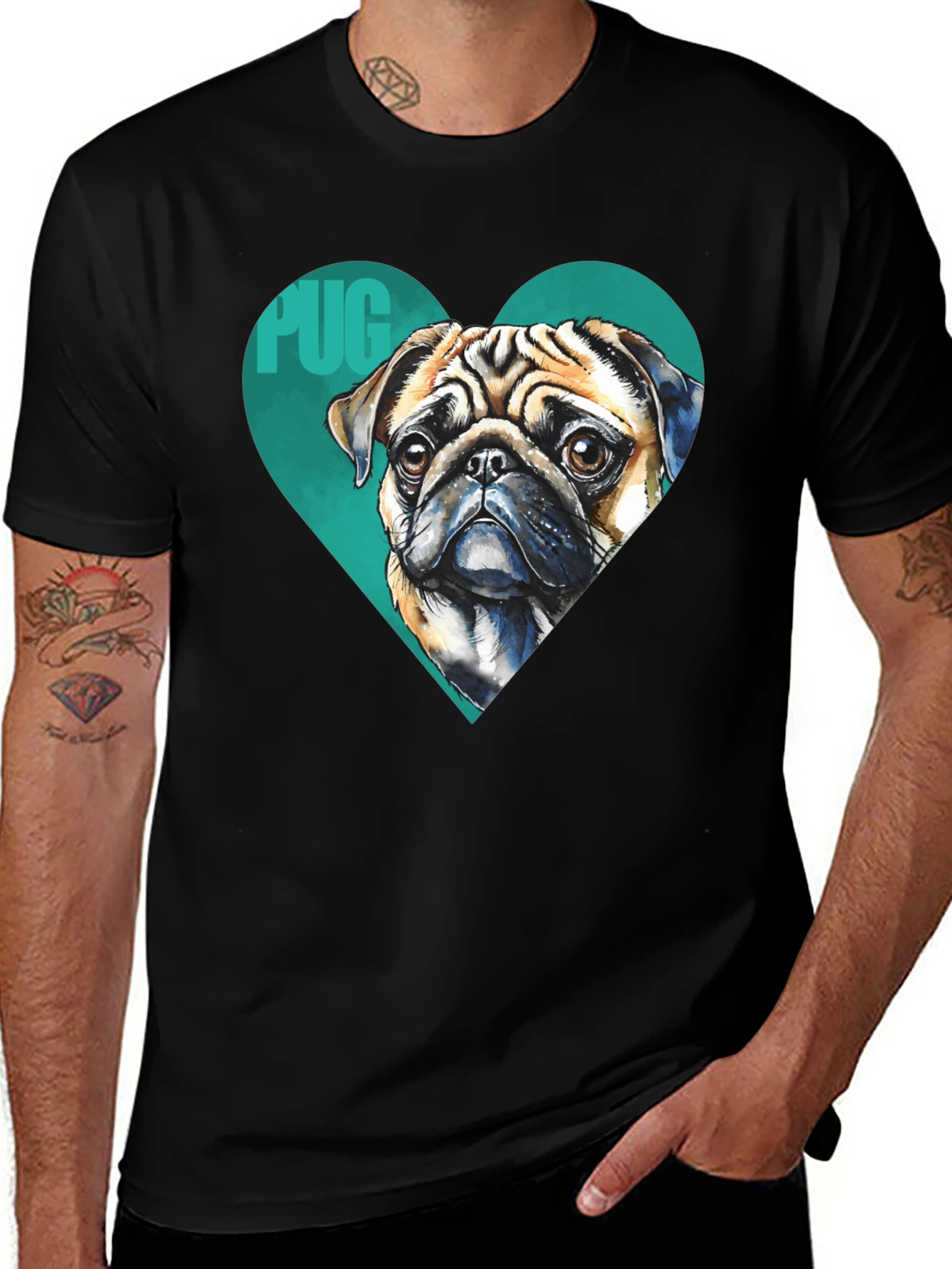 Pug Heart T-Shirt - Black Cute Dog Graphic Tee