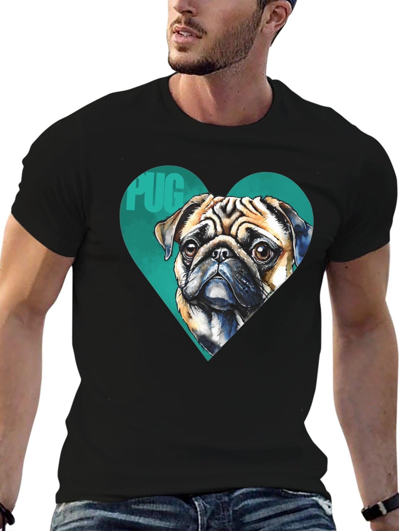 Pug Heart T-Shirt - Black Cute Dog Graphic Tee