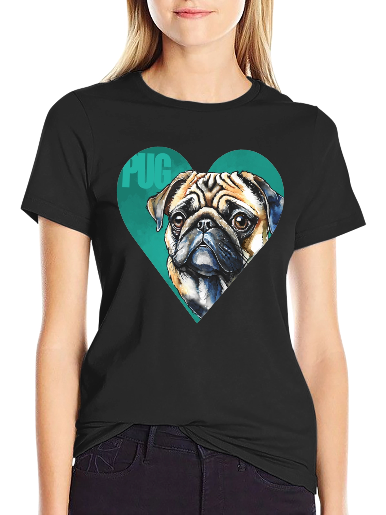 Pug Heart T-Shirt - Black Cute Dog Graphic Tee