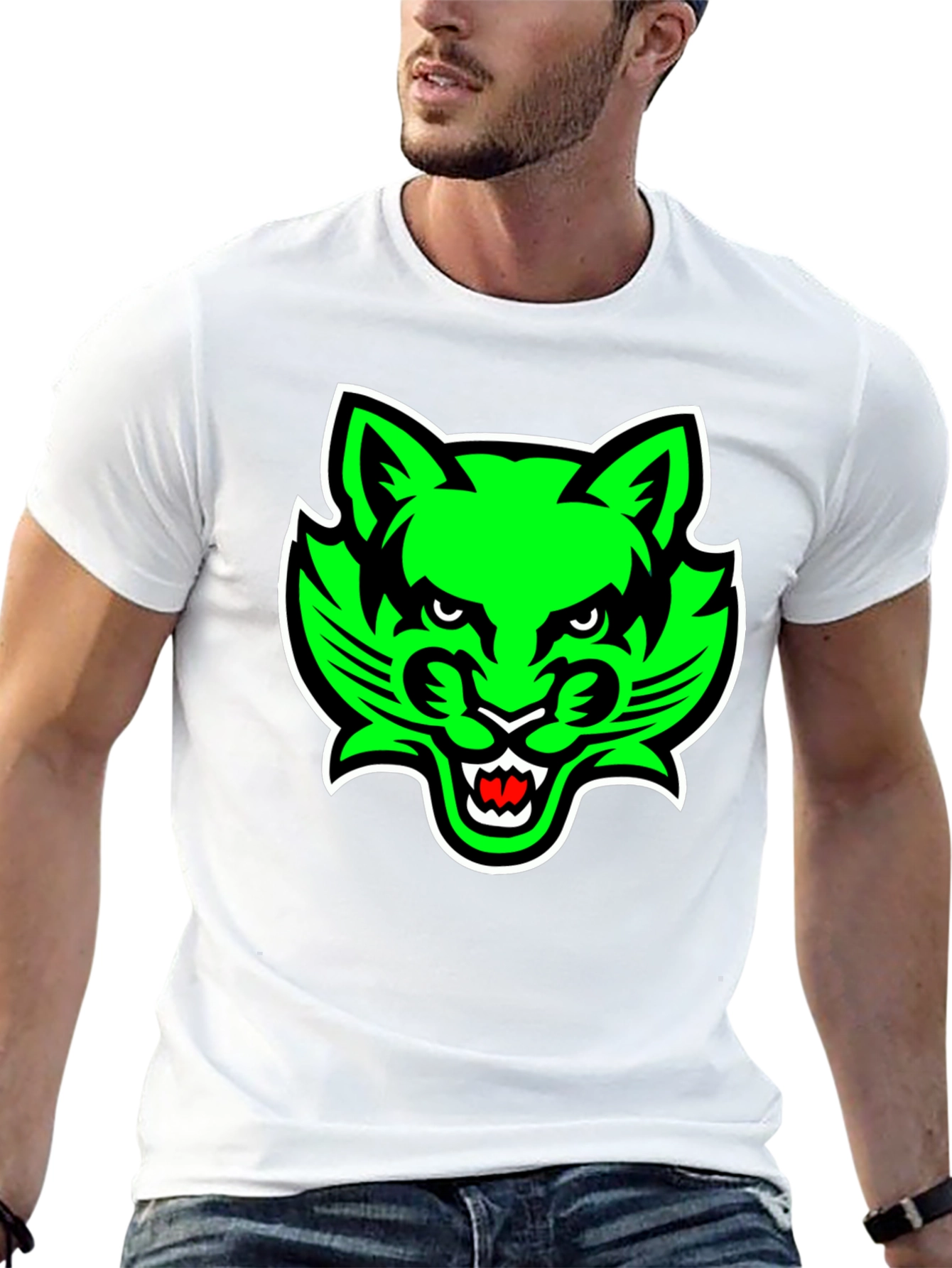 Mens Black T-Shirt with Green Cat Graphic