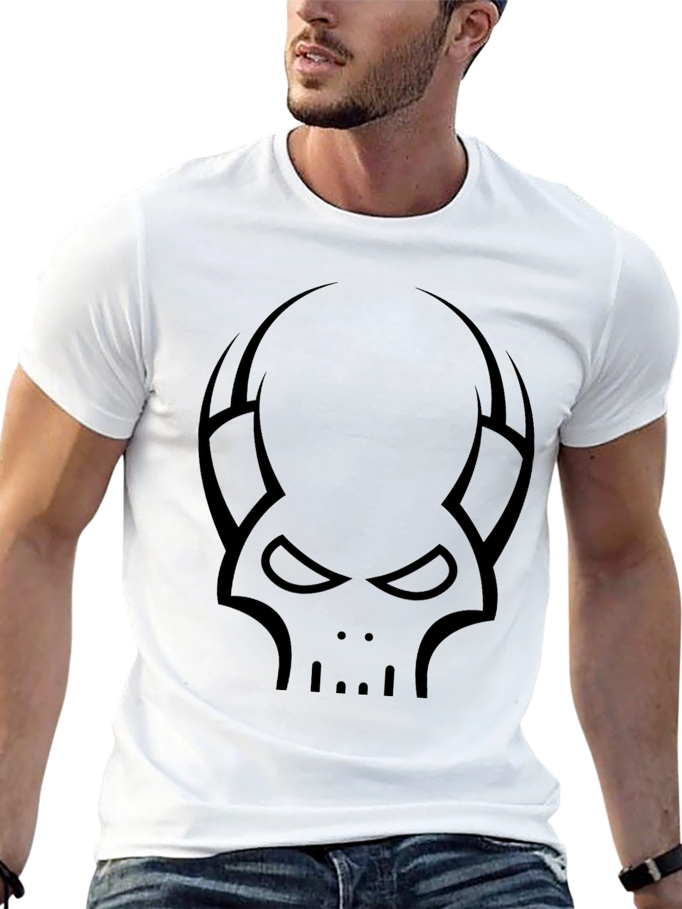 Skull Horns Graphic Tee - Black Cotton Casual