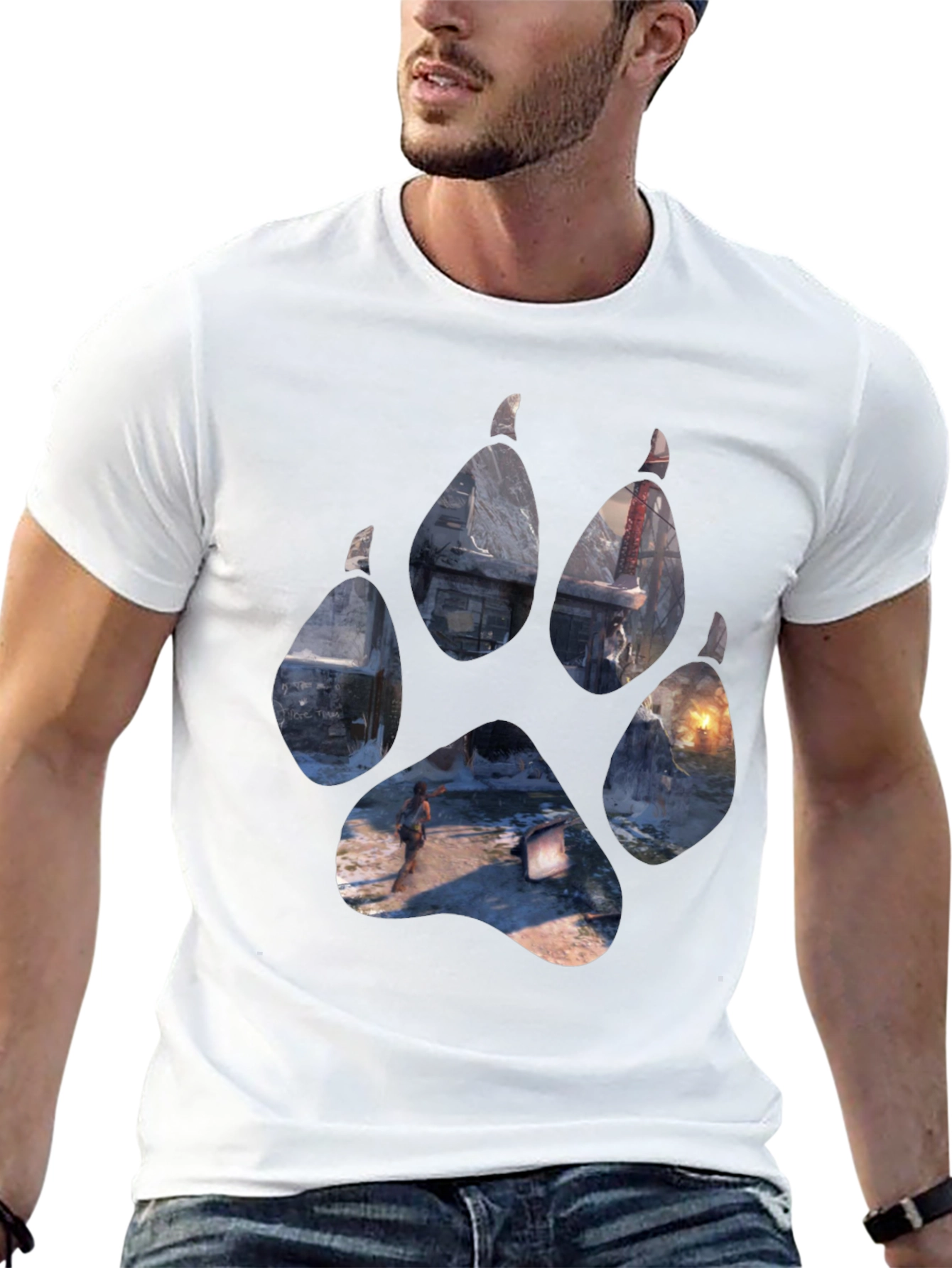 Wolf Paw Print Game Graphic Black T-Shirt