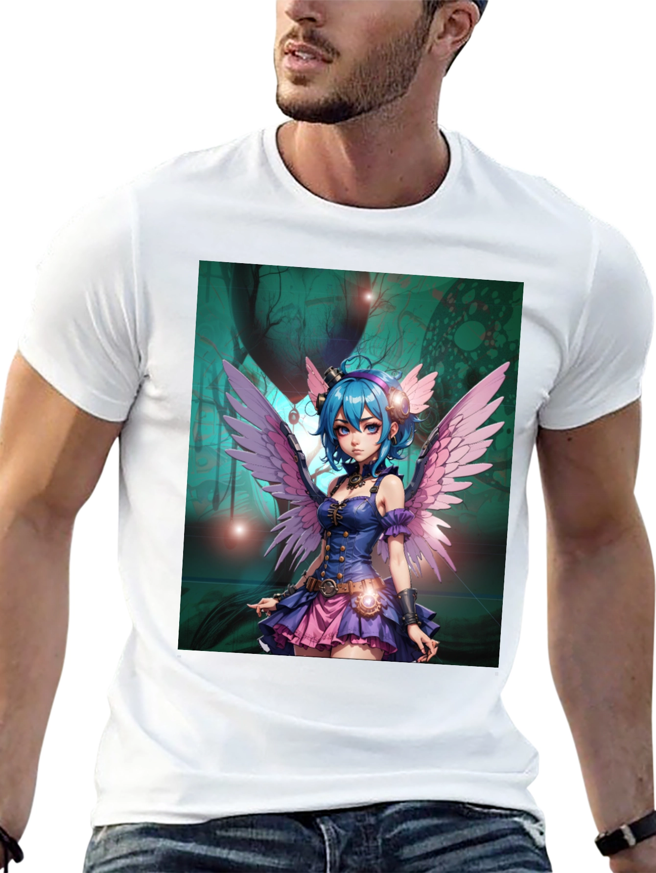 Anime Fairy Graphic Tee - Steampunk Wings Black T-Shirt