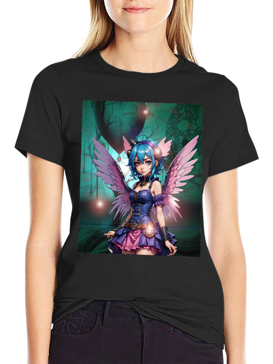 Anime Fairy Graphic Tee - Steampunk Wings Black T-Shirt