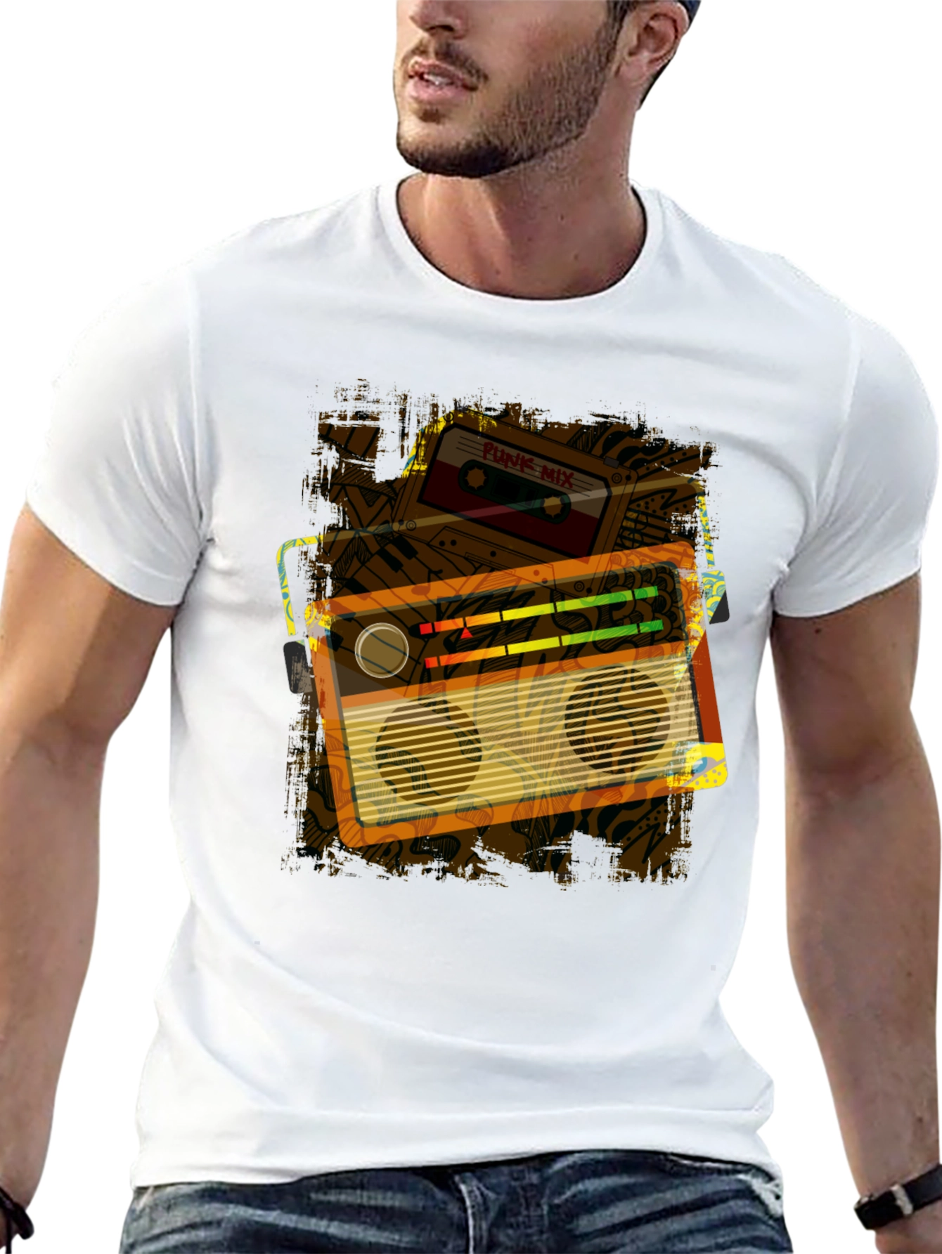 Retro Boombox & Cassette Graphic Tee - Black