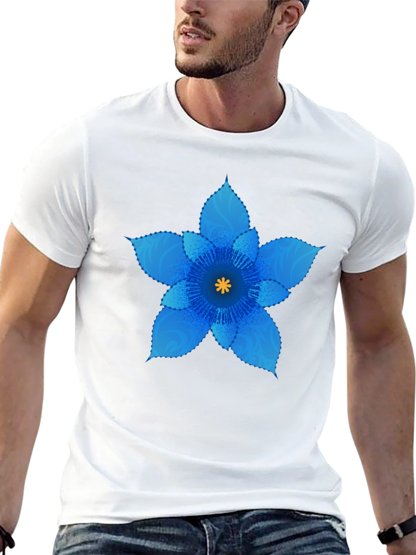 Blue Flower Graphic Black T-Shirt