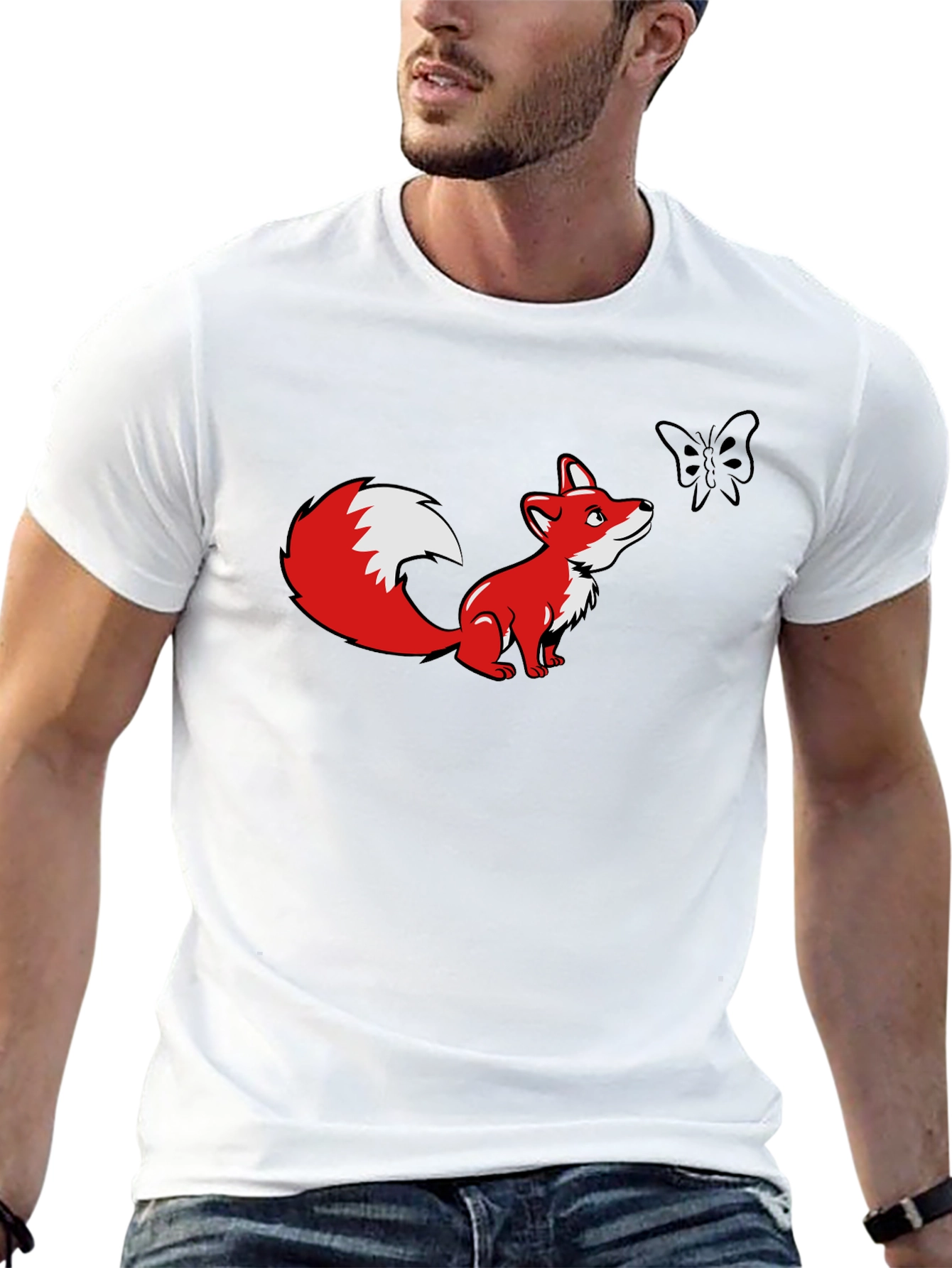 Fox and Butterfly Graphic Black T-Shirt