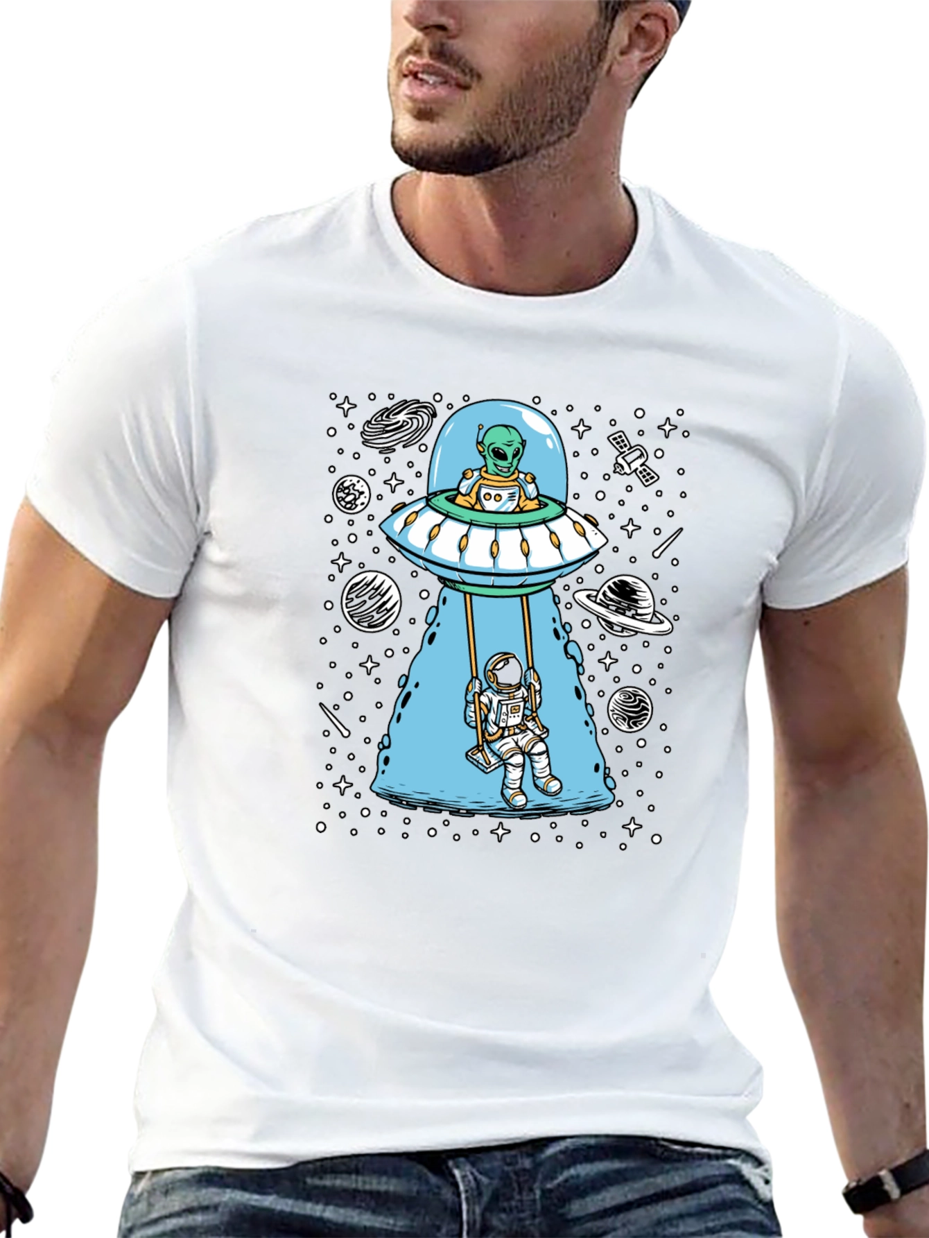 Alien UFO & Astronaut Swing Graphic T-Shirt
