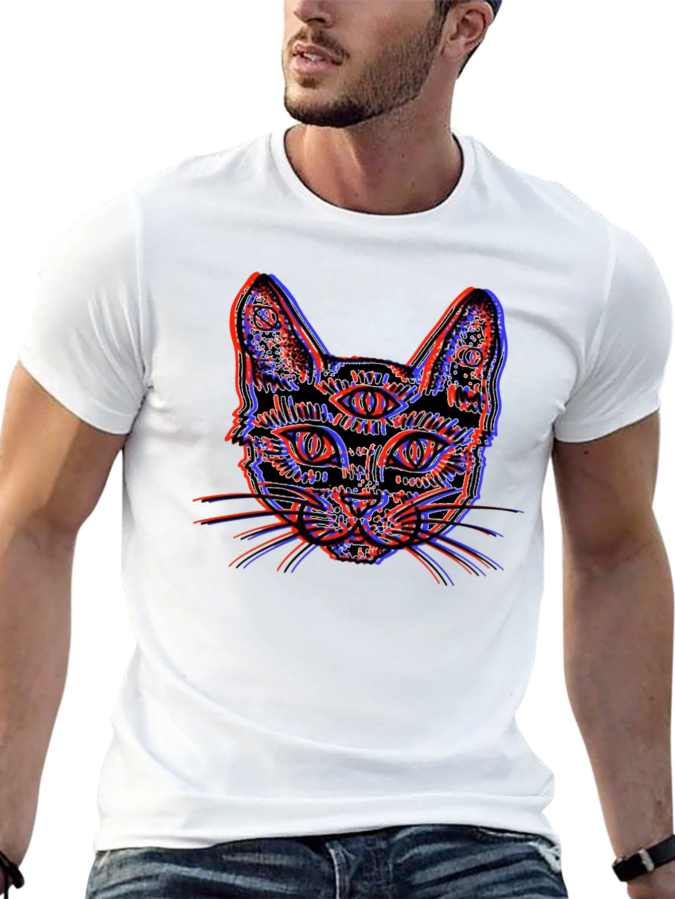 Psychedelic Cat Graphic Tee - Unique 3D Effect Design