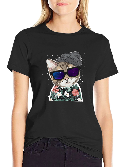 Cool Cat Graphic Tee - Galaxy Shades & Hawaiian Shirt