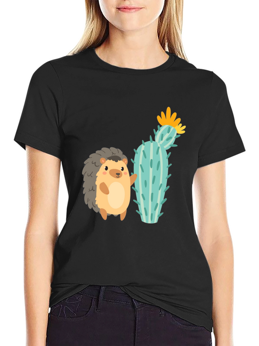 Cute Hedgehog & Cactus Graphic Tee - Unisex Black T-Shirt