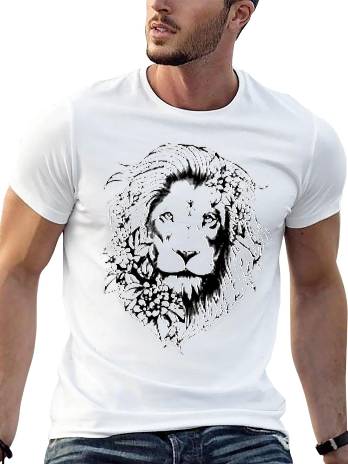 Lion Floral Graphic Print Black T-Shirt