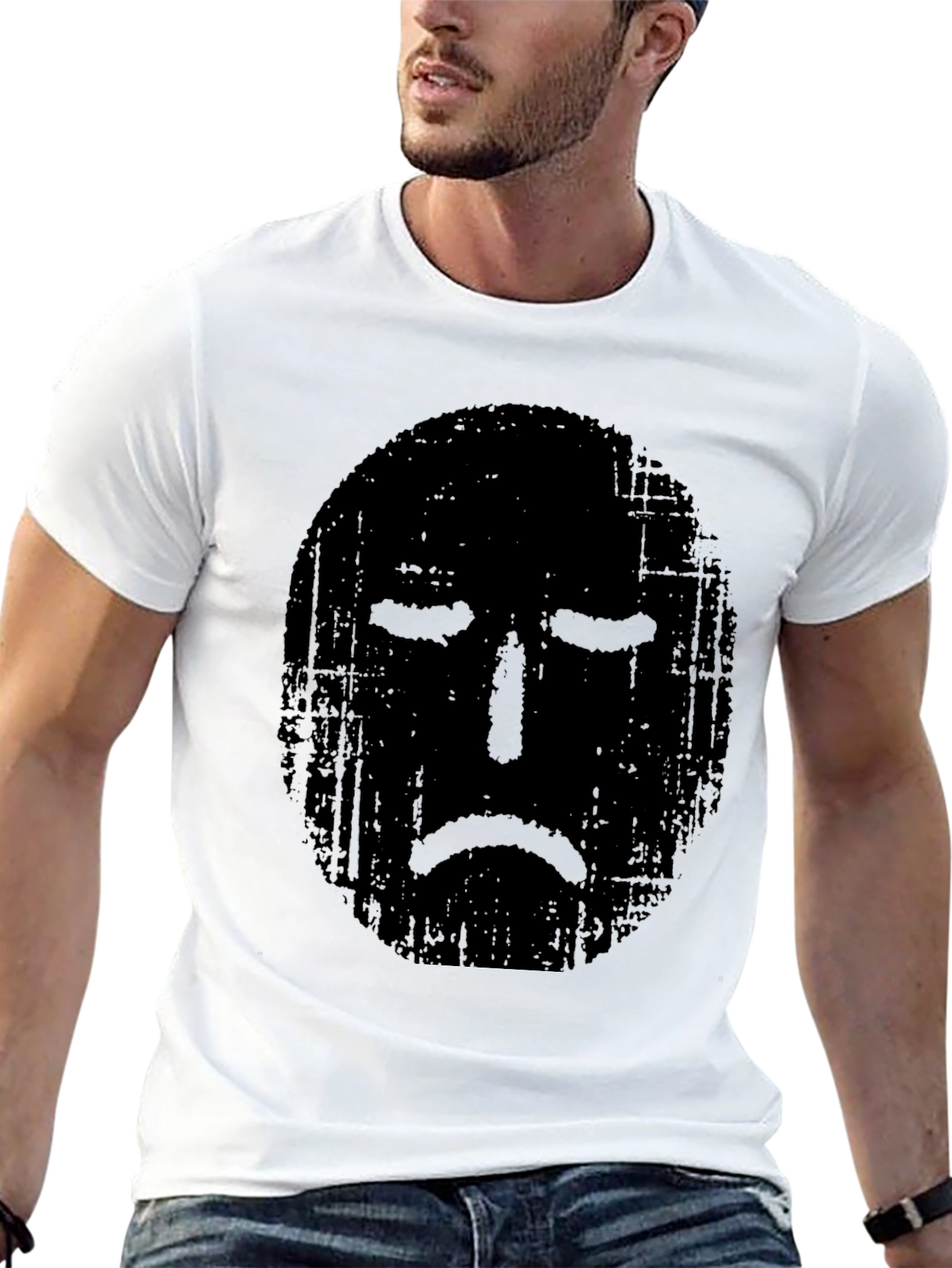 Distressed Sad Face Graphic Black T-Shirt