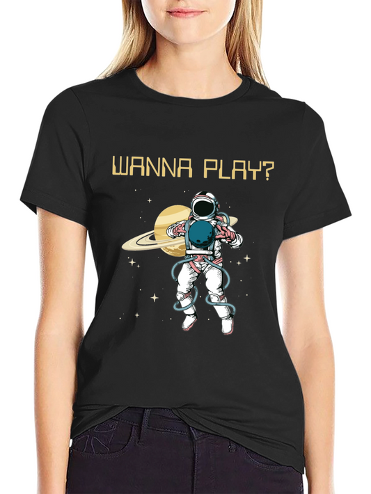 Wanna Play? Astronaut Graphic Print T-Shirt
